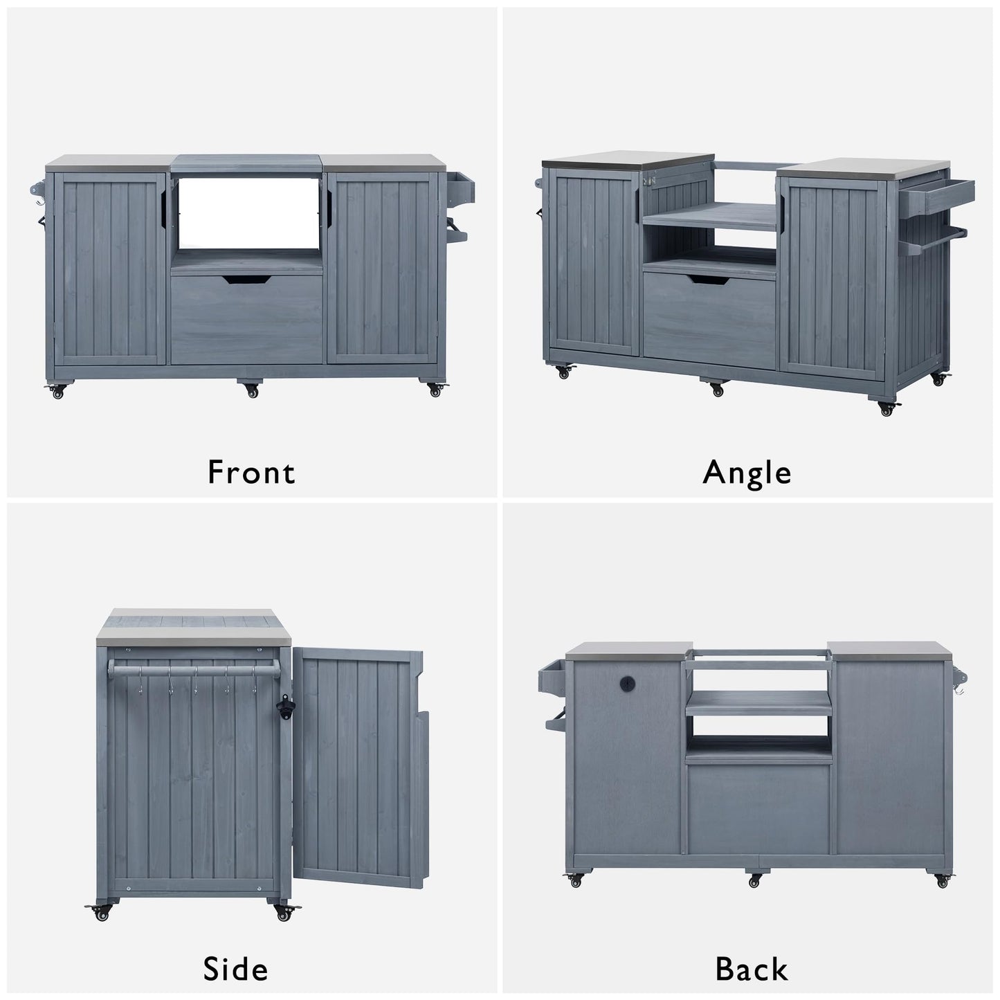 Merax Outdoor Grill Table for Big Green Egg Grills, 66.5" Patio Kitchen Island on Wheels with Stainless Steel Tabletop,Drawer and Spice Rack, Solid Wood Outdoor Storage Cabinet for Backyard, Grey Blue