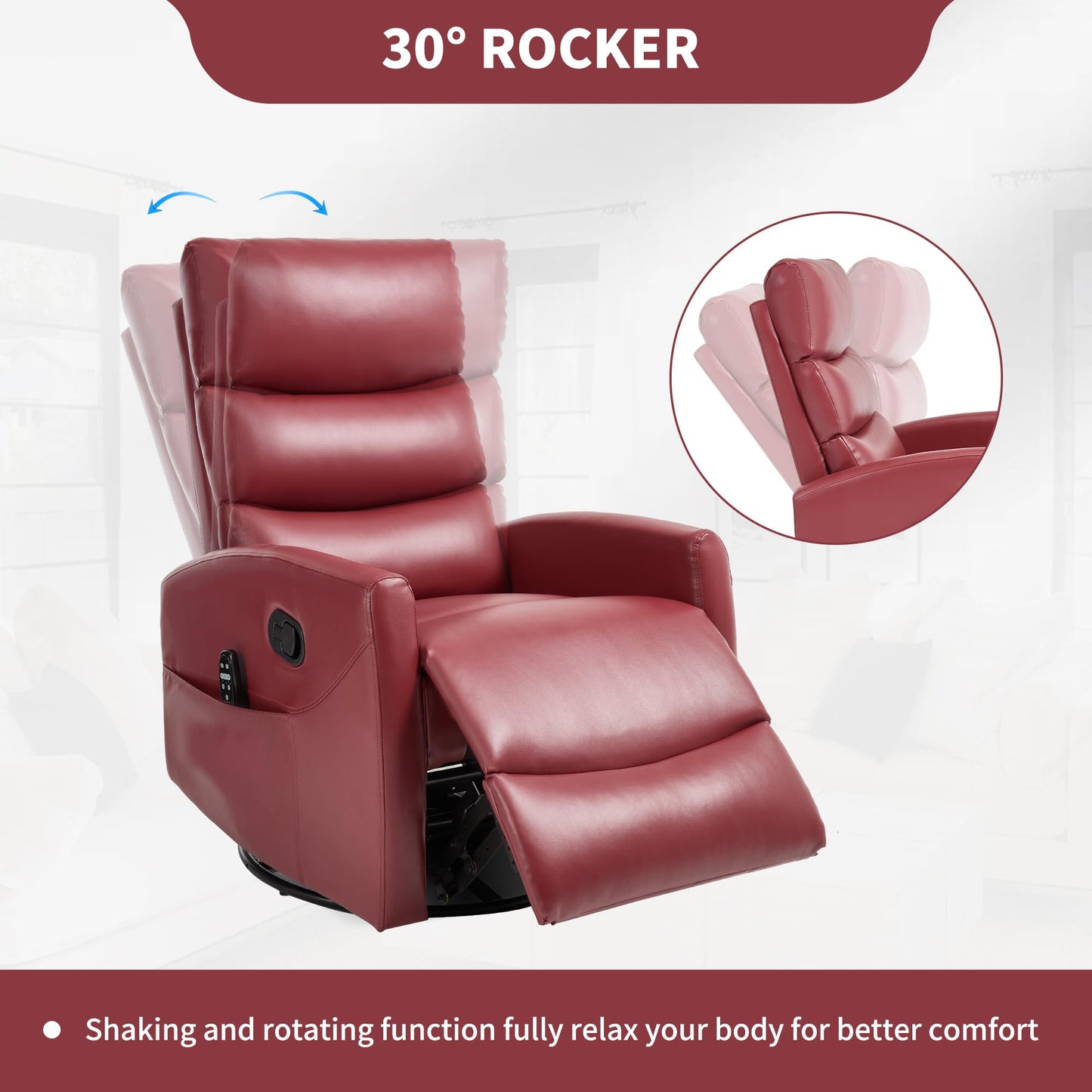 KEIKI 4-in-1 Manual Swivel Rocker Recliner Chair for Home Living Room, Faux Leather Chair with Back Massager & Heat, Home Theater Seating with Lumbar Support, Comfy Reading Chairs for Adults, Red