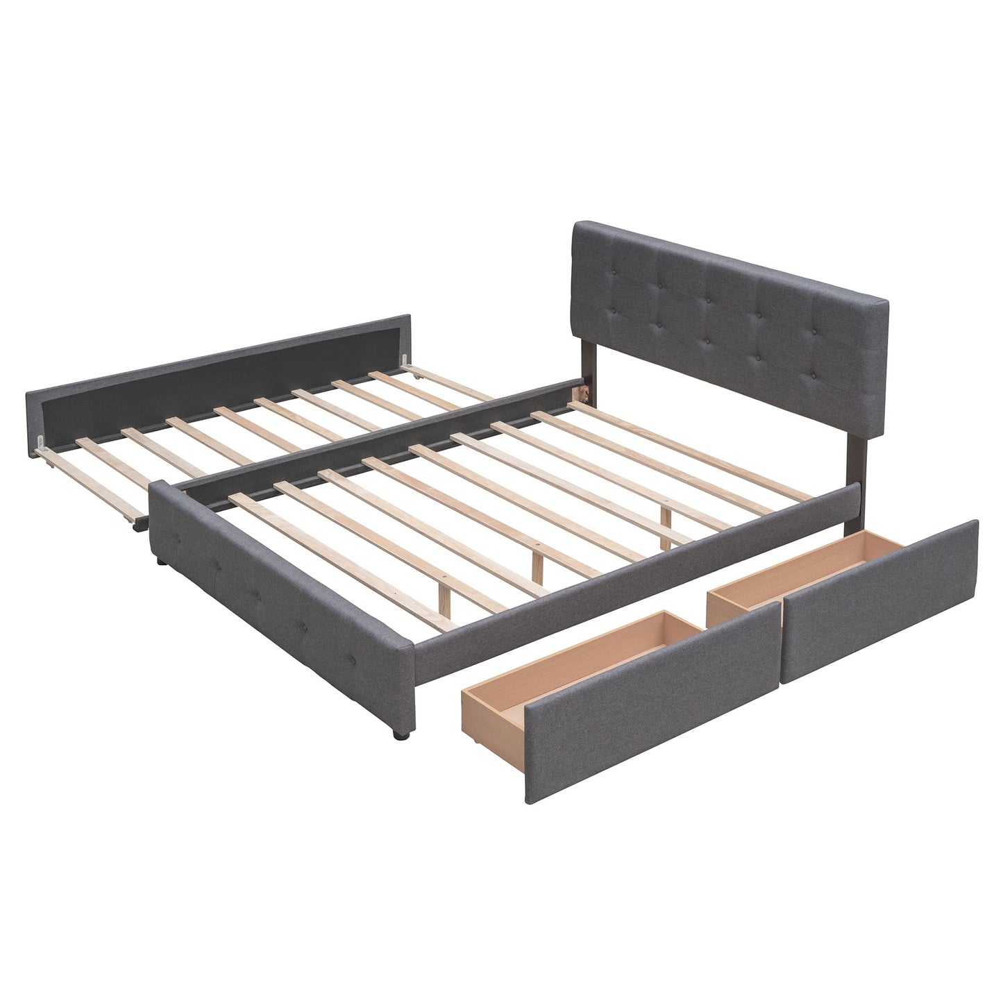 Ball & Cast Queen Bed Frame with 2 Drawers and 1 Twin XL Trundle, Linen Upholstered Platform Bed Frame Queen Size with Button Tufted Headboard & Wood Slats Support,No Box Spring Needed,Dark Gray