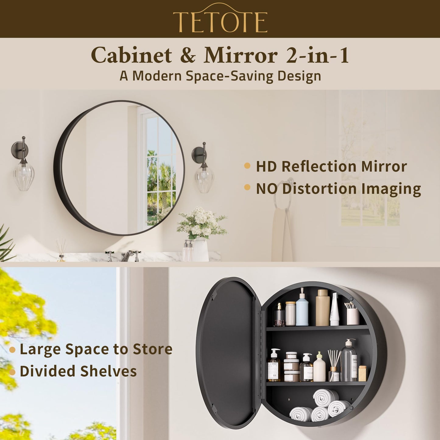 TETOTE 24 x 24 Inch Medicine Cabinet Mirror Black Framed Round Mirrored Medicine Cabinets for Bathroom Adjustable Shelves Modern Bathroom Mirror with Storage Wall Mounted