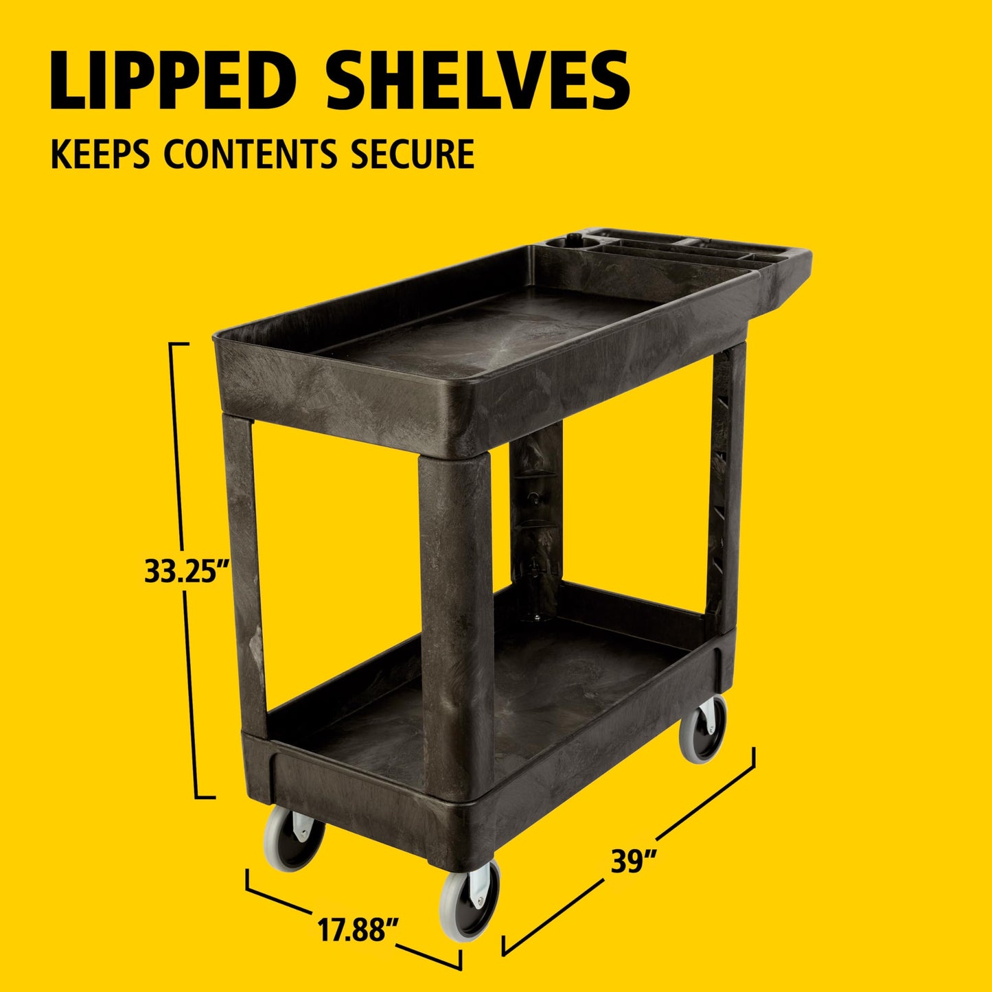 Rubbermaid Commercial Products 2-Shelf Utility/Service Cart, Small, Lipped Shelves, Storage Handle, 500 lbs. Capacity, for Warehouse/Garage/Cleaning/Manufacturing
