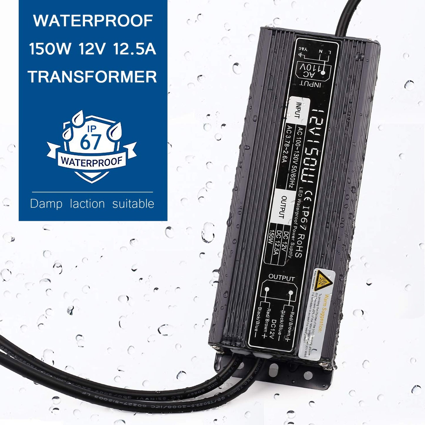 SUNVIE 150W LED Driver Waterproof IP67 Power Supply, 120V to 12V Transformer, Black, Model c5d22975-9092-4a3c-befd