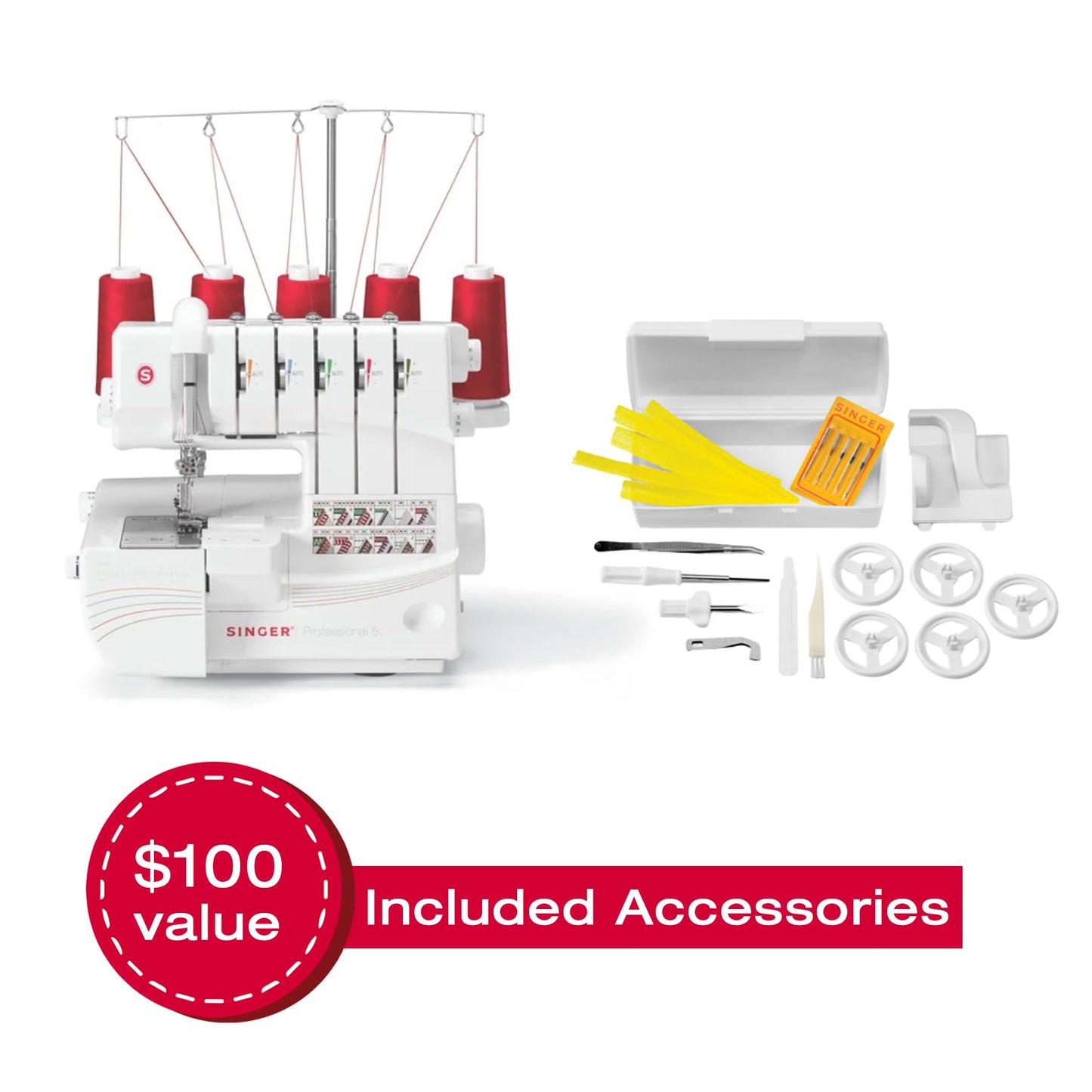 SINGER® Professional 5 14T968DC Heavy-Duty Metal Frame Serger Overlock and Accessory Kit with 2-3-4-5 Stitch Capability, Removeable Trim Trap, 1300 Stitches per minute, & Self Adjusting, White