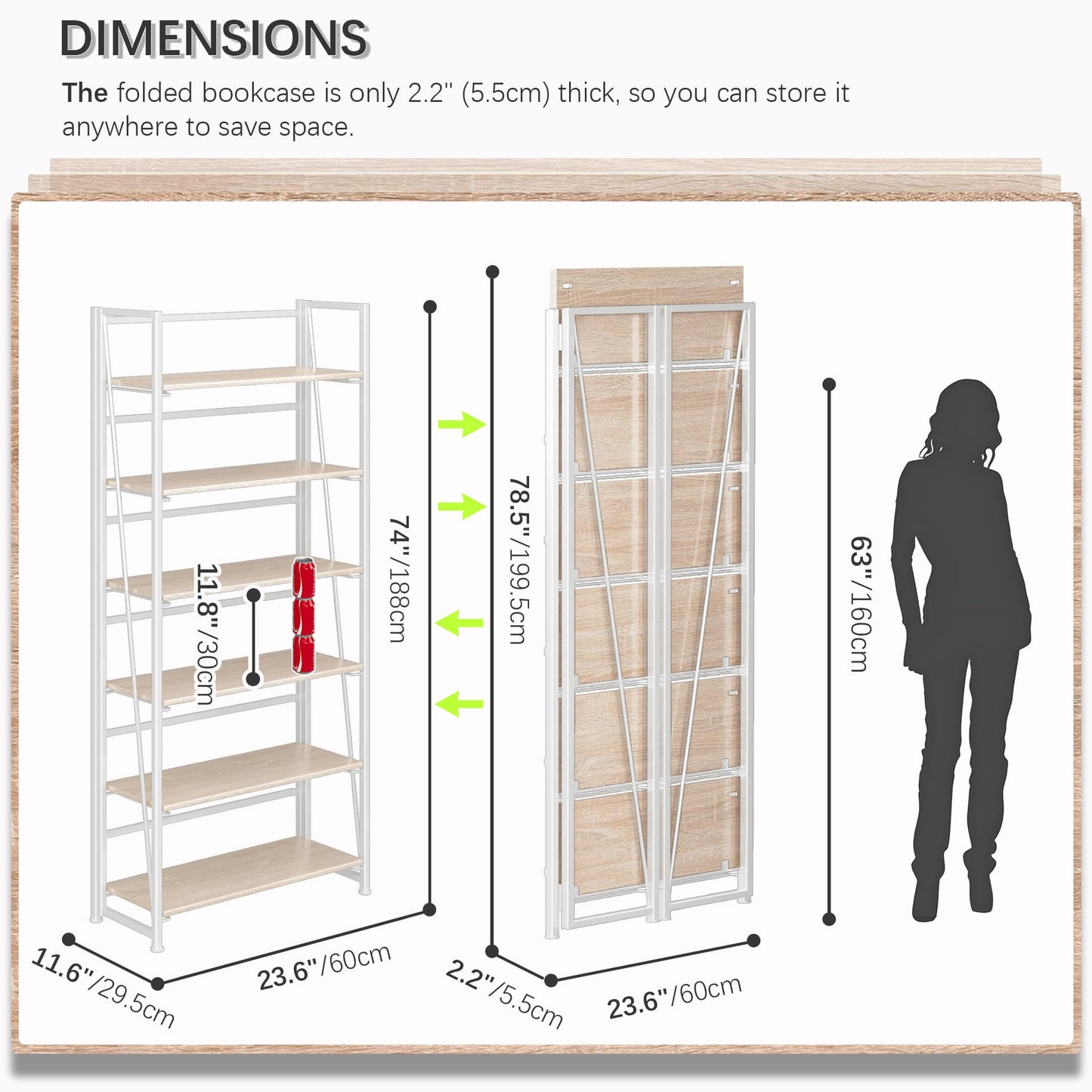 4NM No Assembly Folding Bookshelf, 6-Shelf 74" H Collapsible Foldable Bookcase Storage for Small Spaces, Natural White