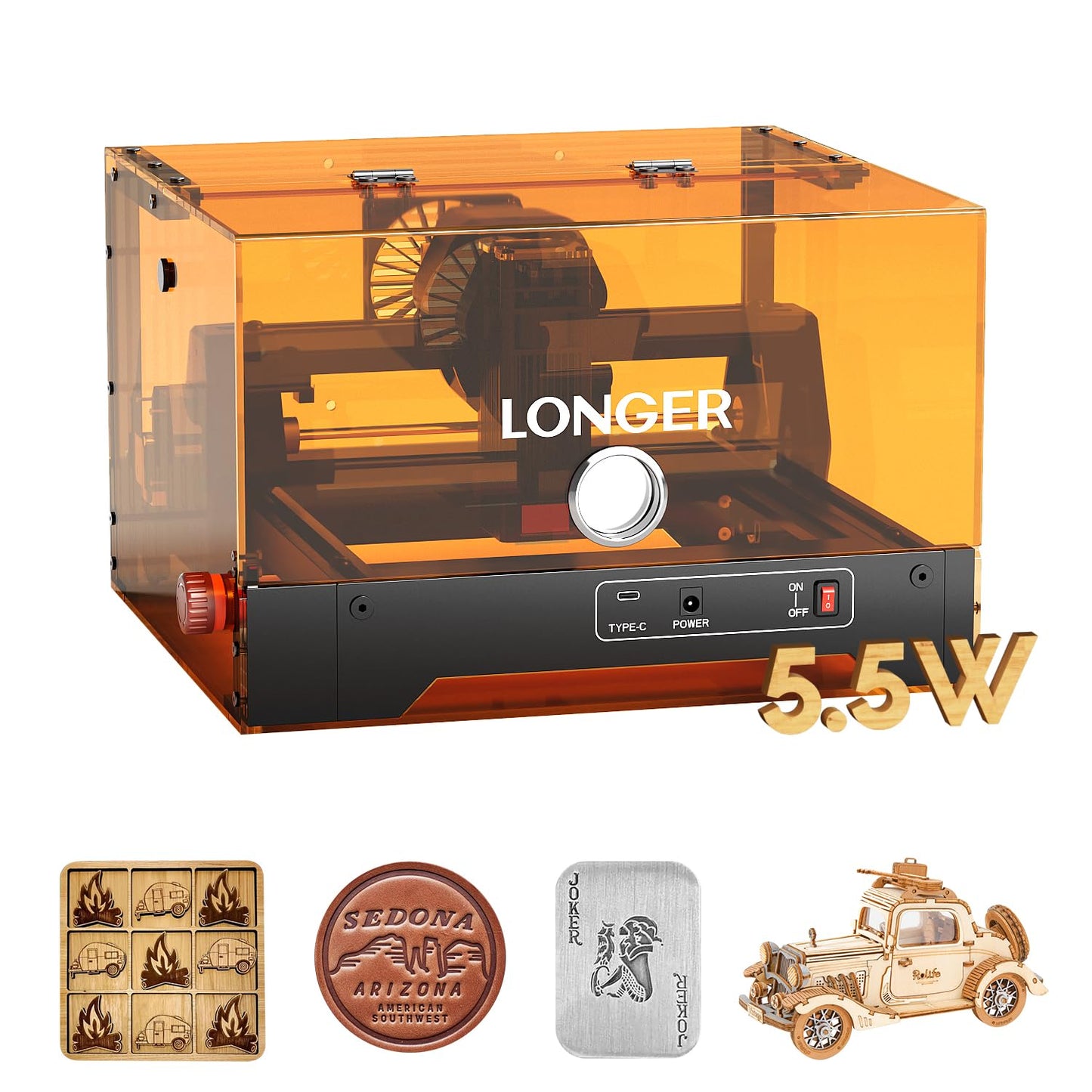 LONGER Laser Engraver Machine, 5.5W High Precision Laser Engraver, 12000mm/min Fast Engraving Speed, 0.01mm Accuracy, 130×125mm Engraving Area, Wide Application for Wood, Paper, Acrylic, Leather