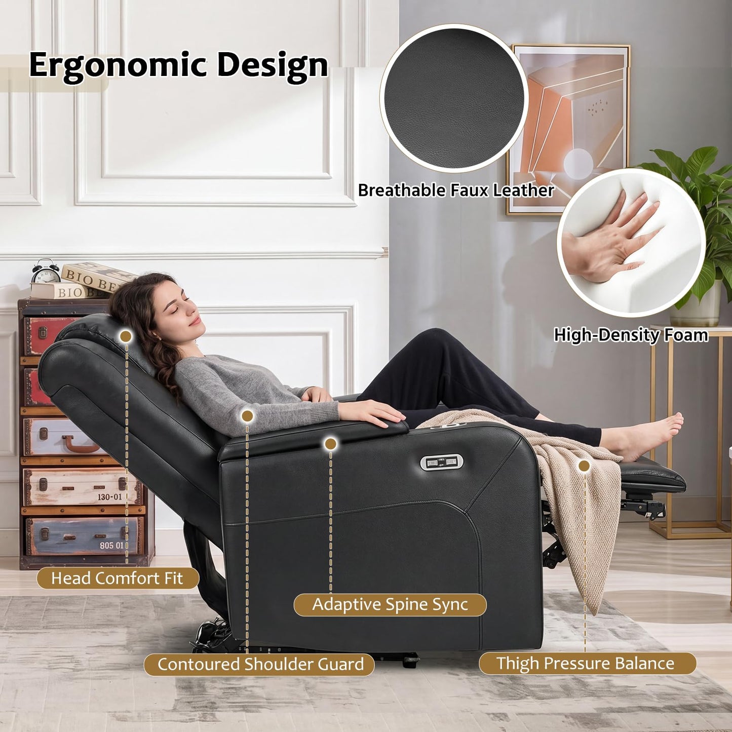 ANJ Home Theater Seating Power Recliner Chair with Hidden Arm Storage, Faux Leather Recliners with LED Light, Electric Movie Reclining Sofa with USB Ports & Cup Holders for Media Living Room, Black