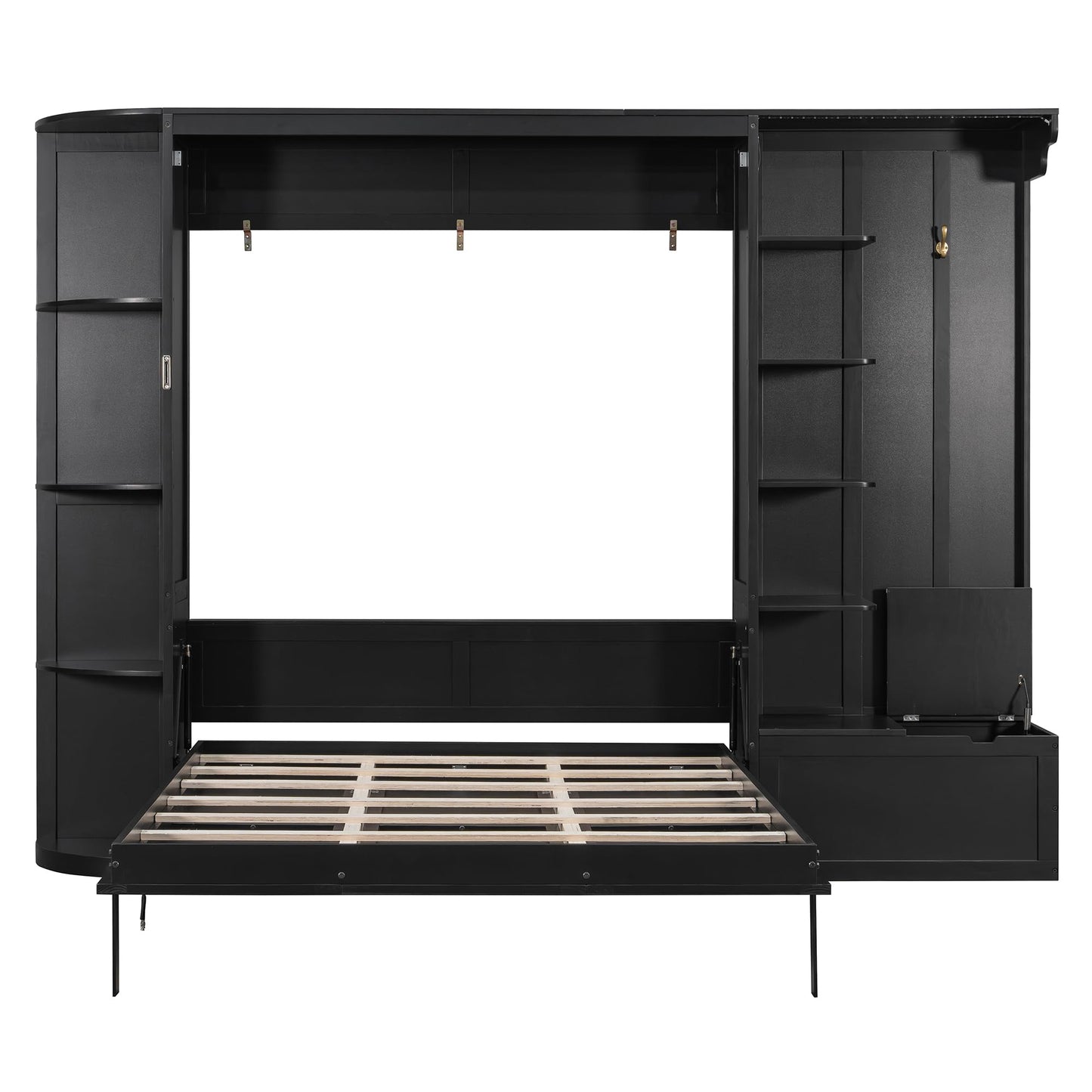 Merax Queen Size Murphy Bed with Storage and Lights, Hidden Fold-Out Legs, Foldable Murphy Cabinet Bed with Hook, Built-in Shelves & Cabinets, Wood Space-Saving Wall Bed for Guest Room Office, Black