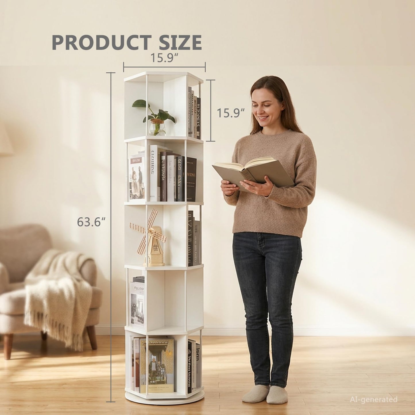VIWODS Rotating Bookshelf, 5 Tier Spinning Bookshelf Tower, Revolving 360° Hexagonal Bookcase Storage,Vertical Turning Corner Book Shelf for Bedroom, Study Room, White