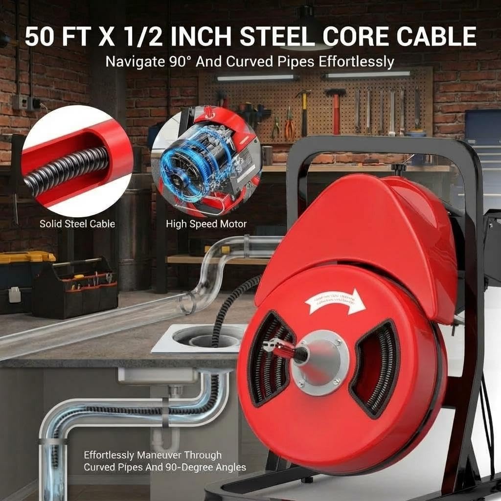 50ft x 1/2" Auto-Feed Drain Snake Cleaning Machine - 450W Electric Sewer Auger with 4 Cutters & Wheels for Sink, Toilet, Floor Drain