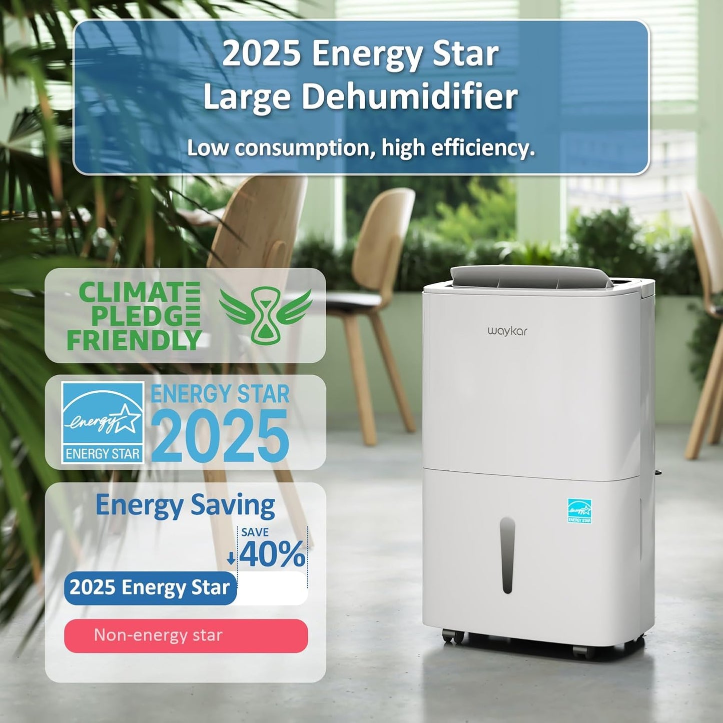 Waykar 150 Pints 2025 Energy Star Dehumidifier with Pump for Spaces up to 7,000 Sq. Ft. at Commercial and Industrial Large Room, Warehouse, Home, Basement, with Drain Hose, Auto Defrost, Self-Drying