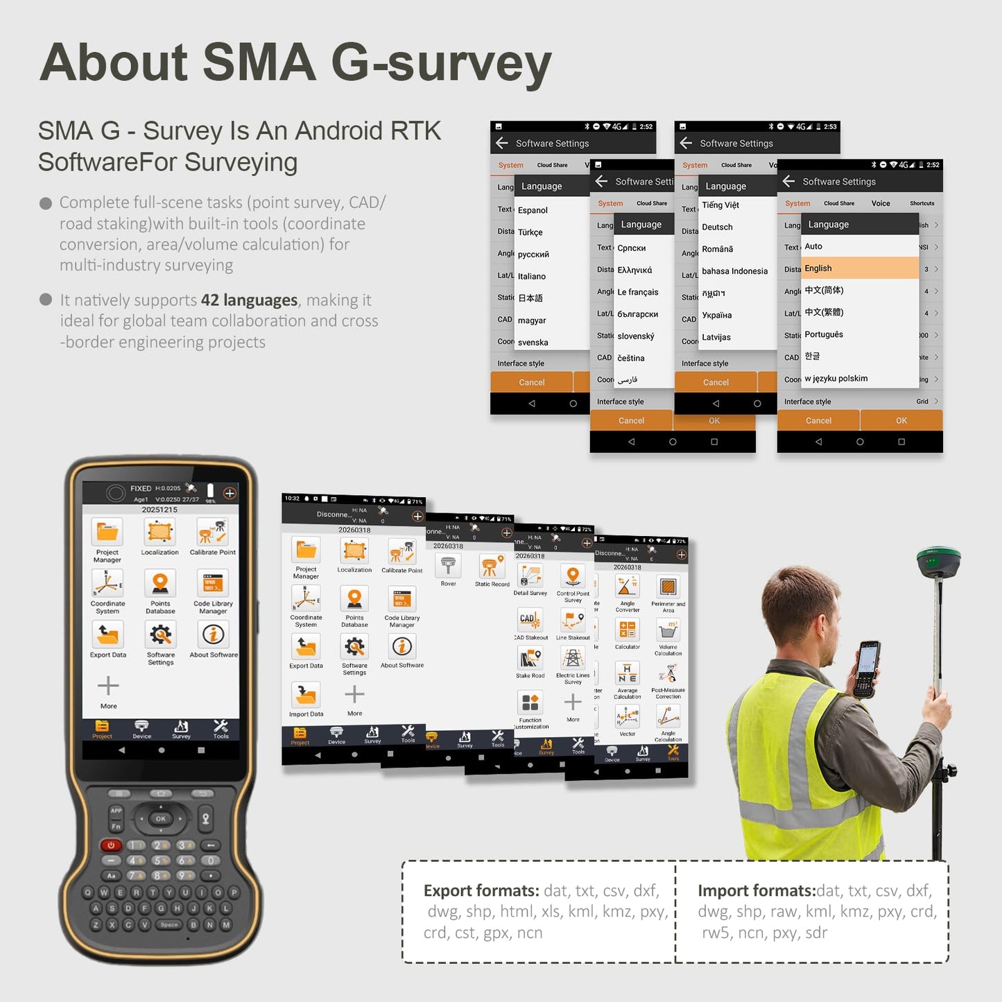 SMAJAYU SMA28H Laser AR Rover RTK & SMA26 Pro Base GNSS Survey System Work as Base Station for Drones/UAVs Dual Cameras AR Visual Stakeout|Laser 30m|2cm Accuracy|120° IMU|15km UHF|4G/BT/NFC/PPK/NTRIP