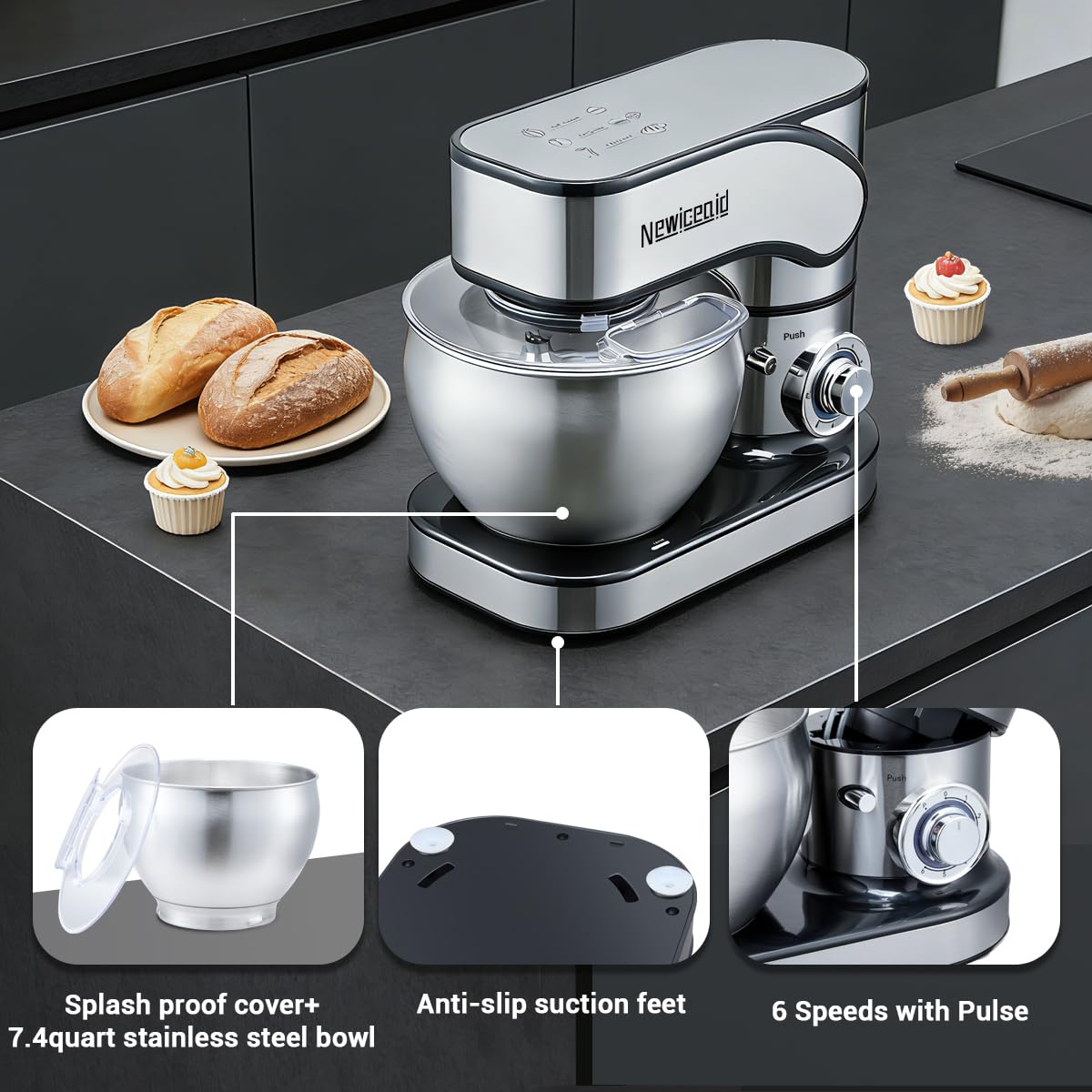 Newiceaid Stainless Steel Stand Mixer, 6-Speed Tilt-Head Mixer with 700W Powerful Motor, 7.4QT Large Capacity Bowl, Electric Kitchen Mixer with Dough Hook, Beater, Whisk for Baking & Dough Making