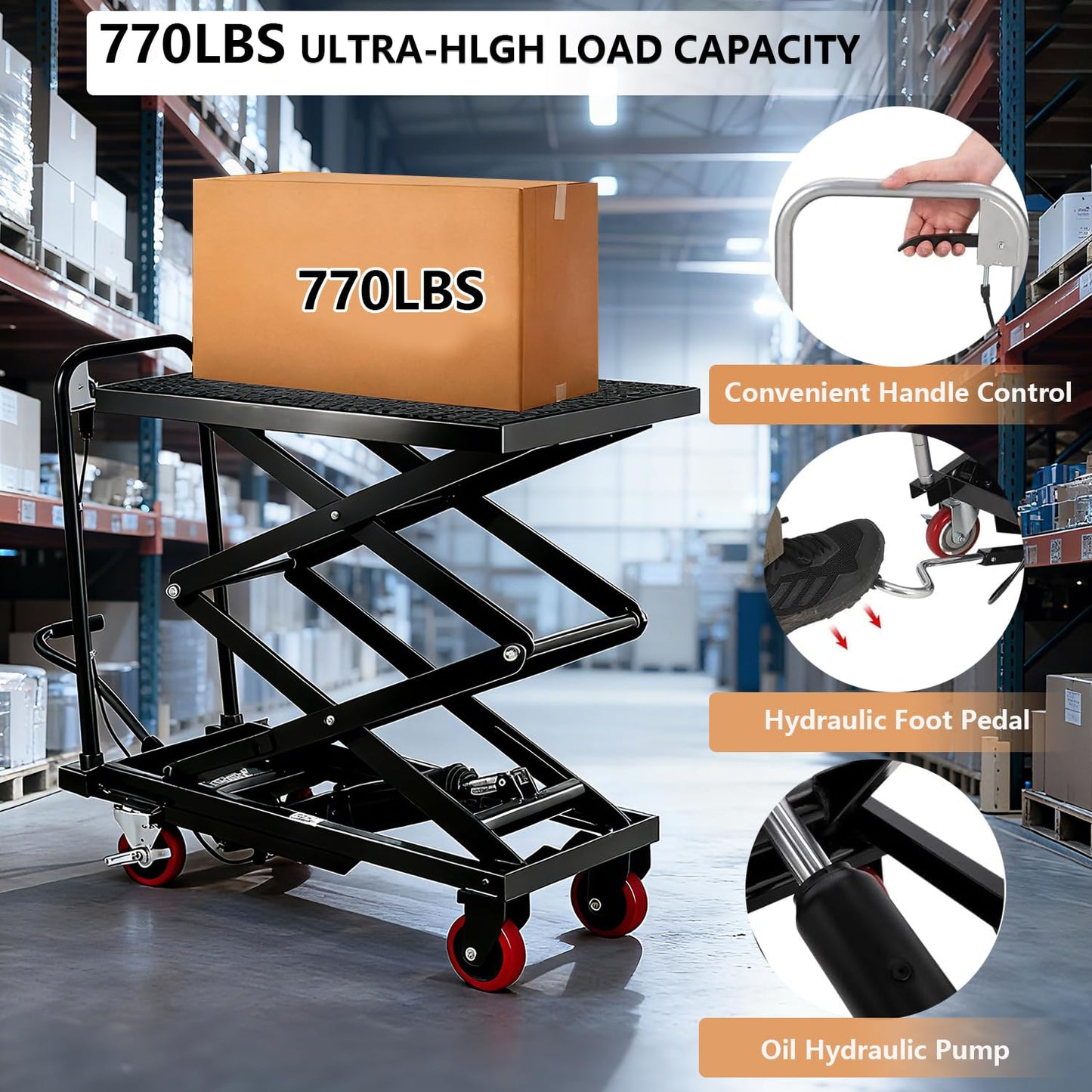 GarveeTech Hydraulic Lift Table Cart, 770Lbs Load Capacity 59 Inch Lifting Height, Manual Double Scissor Lift Table with Non-Slip Pad and 4 Wheels,Hydraulic Scissor Cart (770lbs-Double-Black)