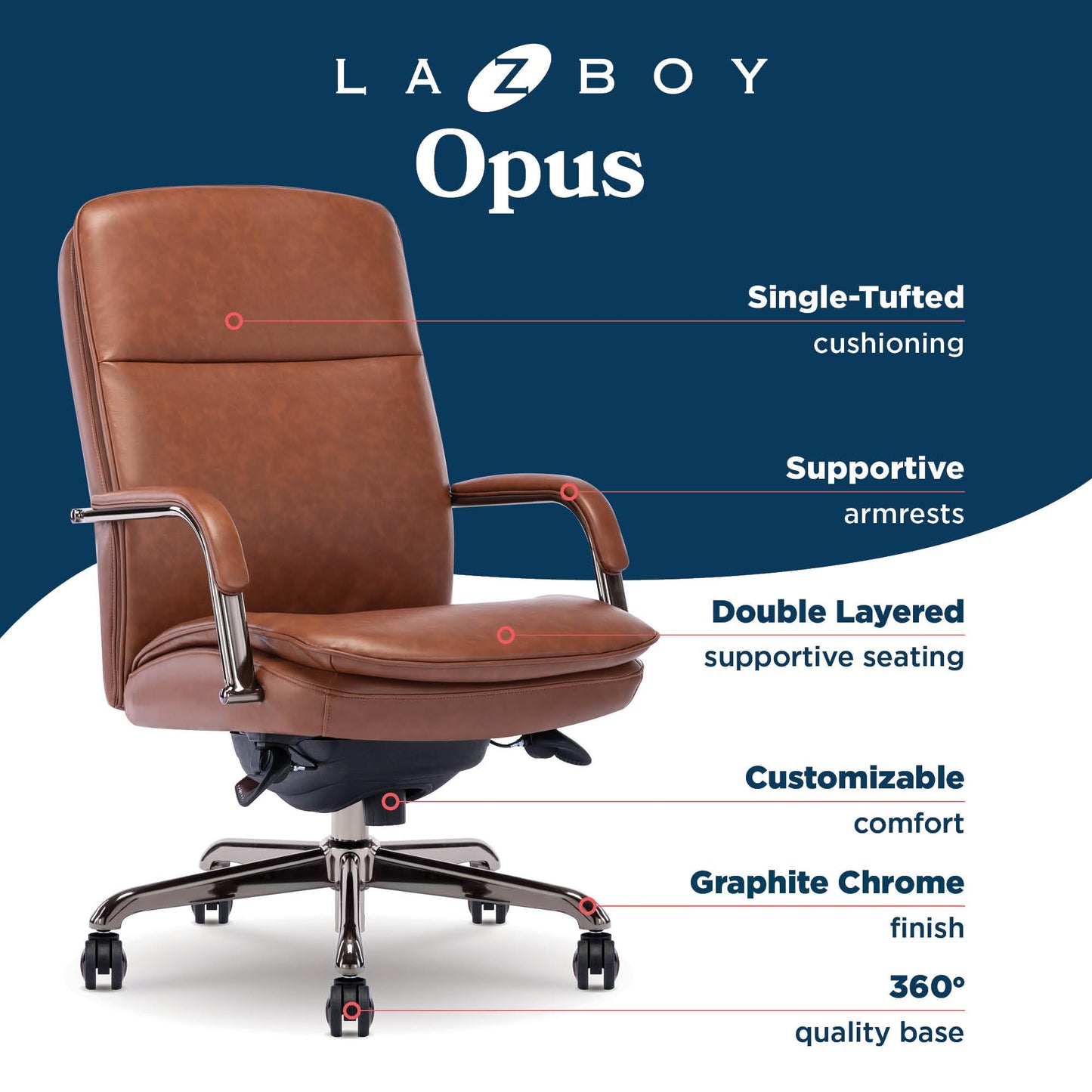 La-Z-Boy Opus Executive Mid-Back Office Chair, Channel-Tufted Seat and Back, Double-Layer Cushion, Padded Arms, Ergonomic Computer Desk Chair, Swivel Metal Base, Bonded Leather, Cognac and Graphite