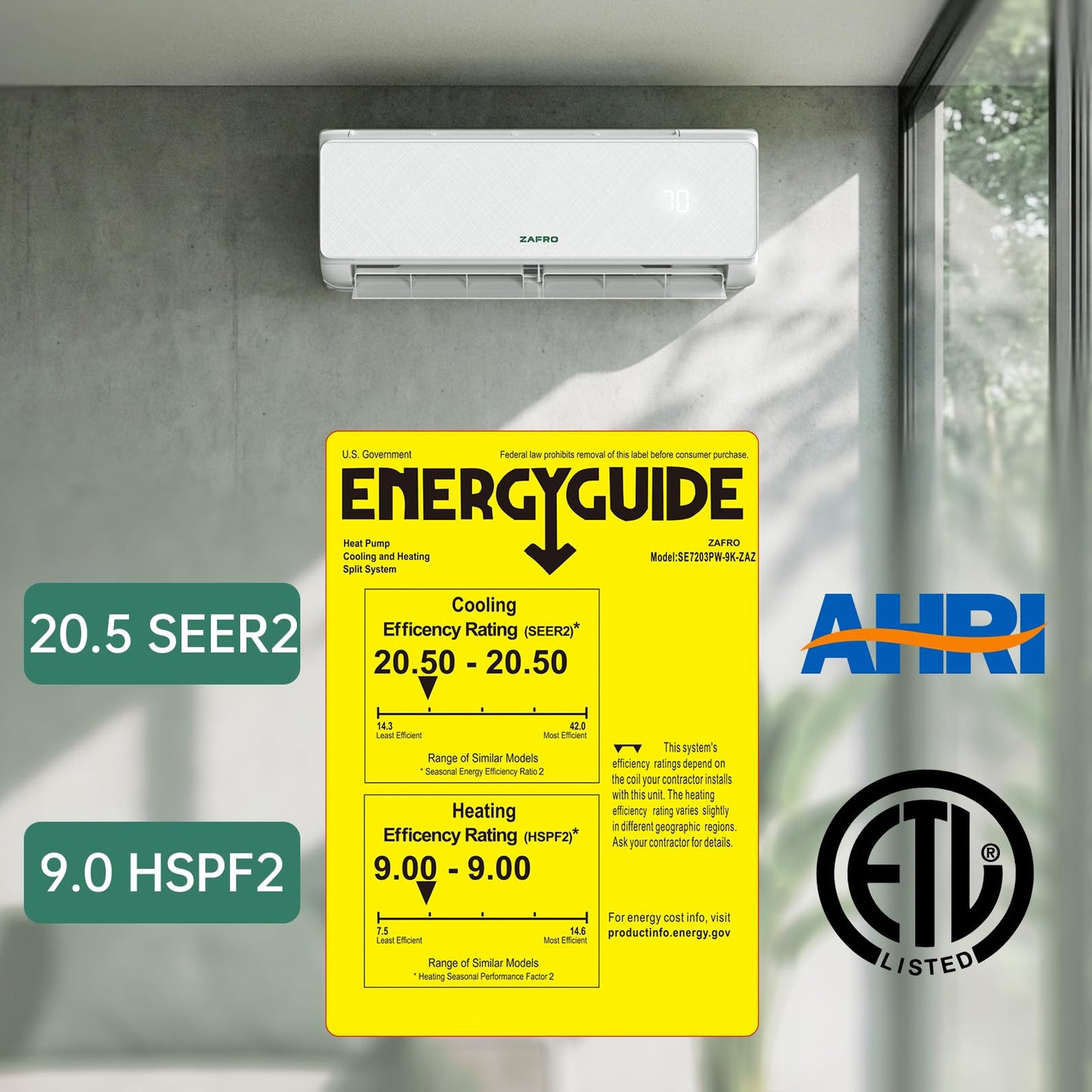 ZAFRO Wifi Enabled Mini Split Air Conditioner & Heater, 9000BTU 115V Inverter Ductless Wall AC Unit with Installation Kit, 24dB Quiet Operation 20.5 SEER2 Pre-Charged Mini Split, Cools Up to 450 Ft²