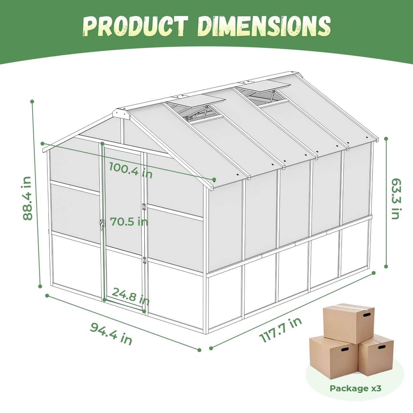 Jocoevol 8x10ft Outdoor Greenhouse, Wooden Frame Polycarbonate Greenhouse with Adjustable Roof Vents and Lockable Door Handle, Walk-in Greenhouse Perfect for Backyard and Garden