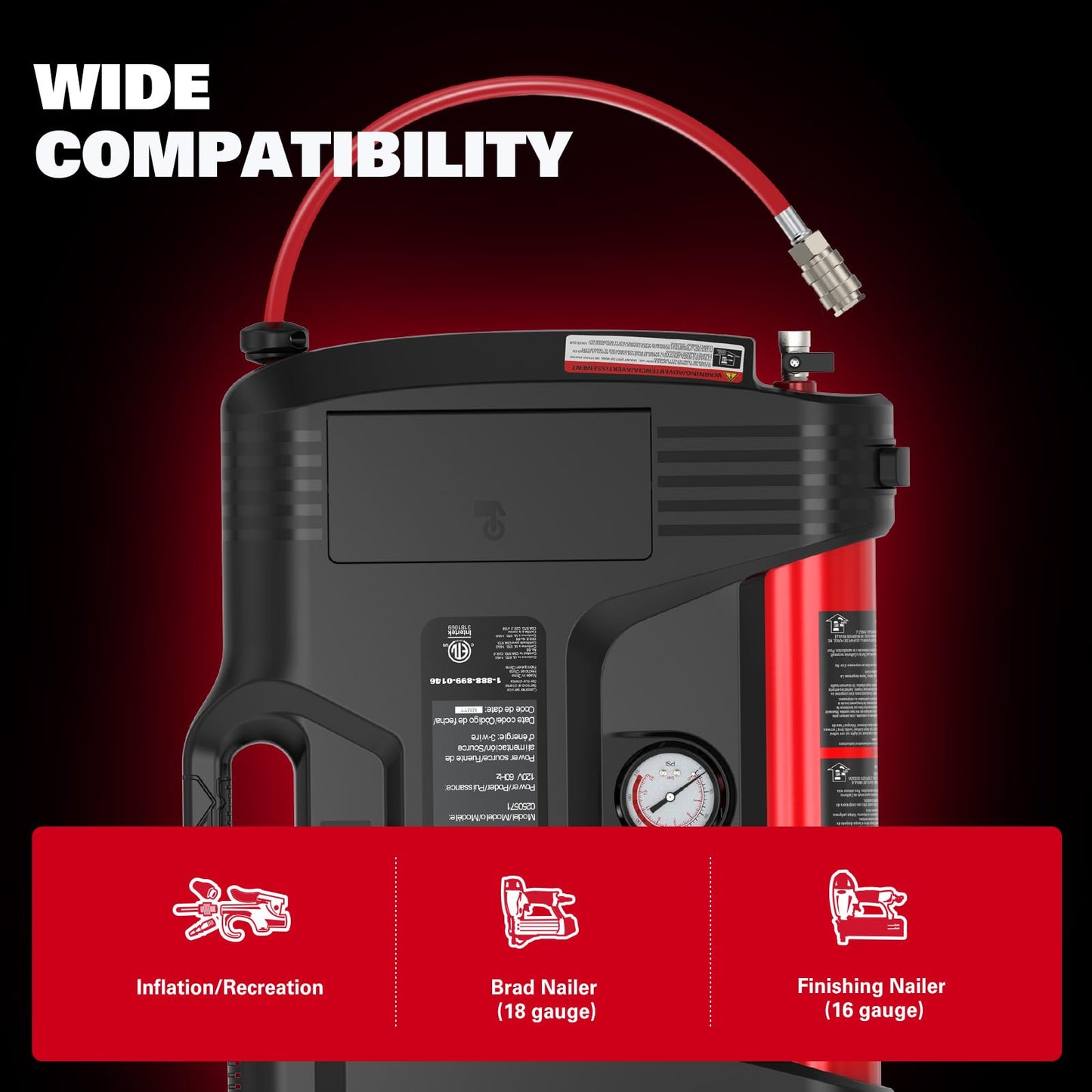 ECOMAX Wall Mount Air Compressor, Tire Inflator Portable Air Compressor, Oil-Free with Retractable 30ft Air Hose, Mini Tank 125 PSI MAX Pressure & 1.5 HP for Garage and Home