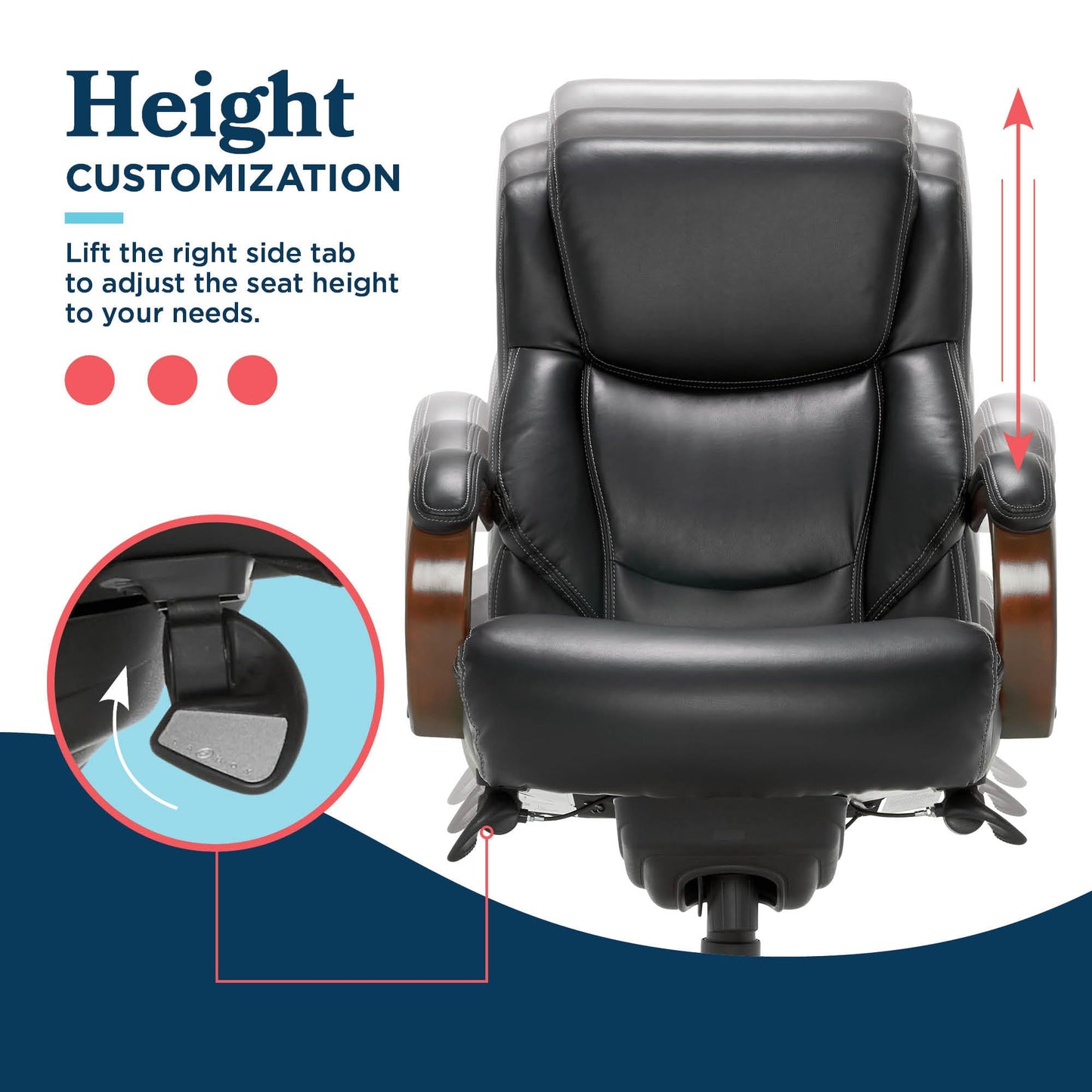 La-Z-Boy Delano Big and Tall Executive Office Chair - Ergonomic Lumbar Support Memory Foam - Bonded Leather Desk Chair for Home Office - Mahogany Wood Arms - Black