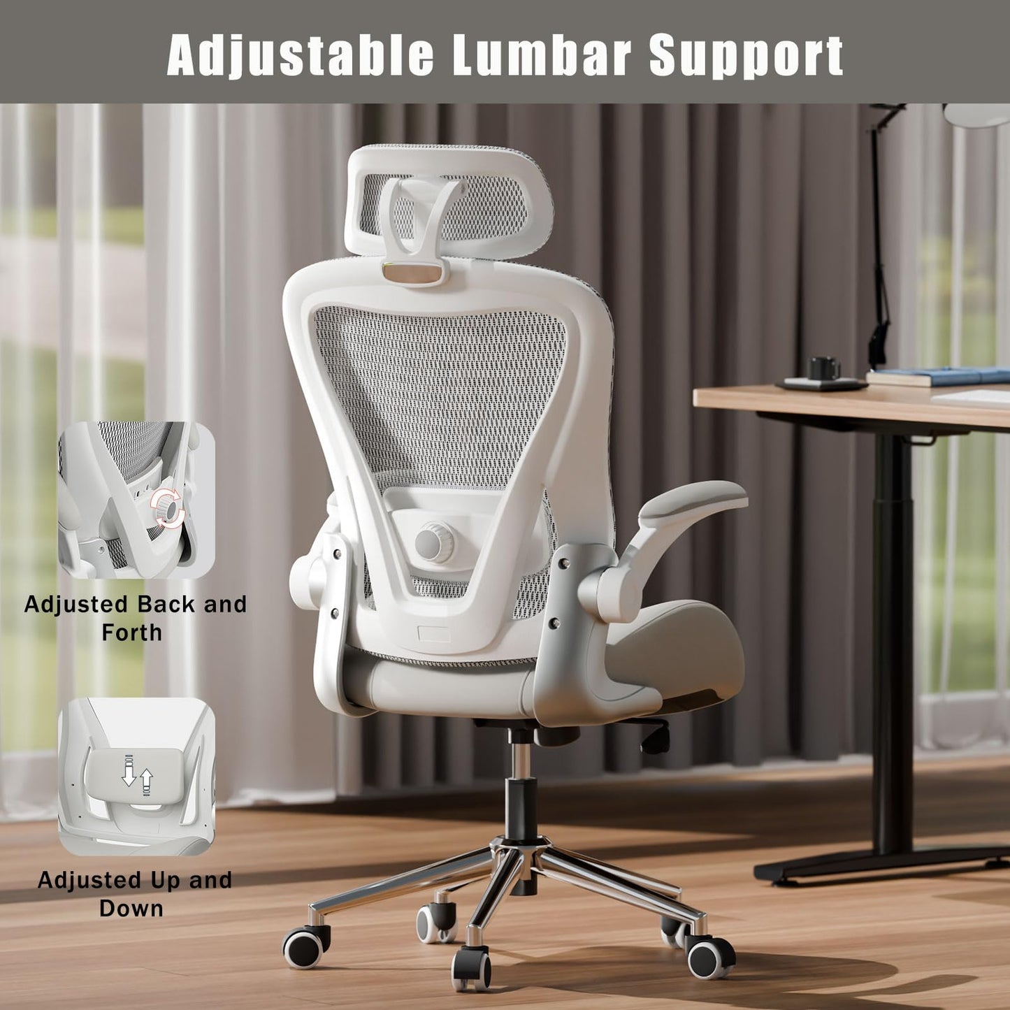 VOTRENIX Grey Ergonomic Home Office Desk Chair, Premium Thickened Leather Curved seat with Breathable mesh Back, 3D headrest and Adjustable Lumbar Support, Ideal Chair for Office or Gaming, Gray