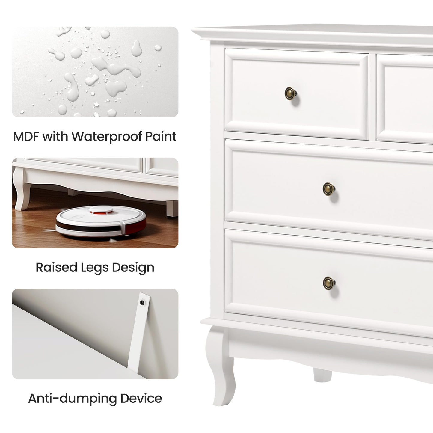 RoyalCraft 53" Wide 7 Drawer Dresser, White Dresser for Bedroom, Modern White Chest of Drawers with Solid Wood Legs and Painted Finish, Wooden Storage Closet Cabinet Organizer for Hallway, Living Room