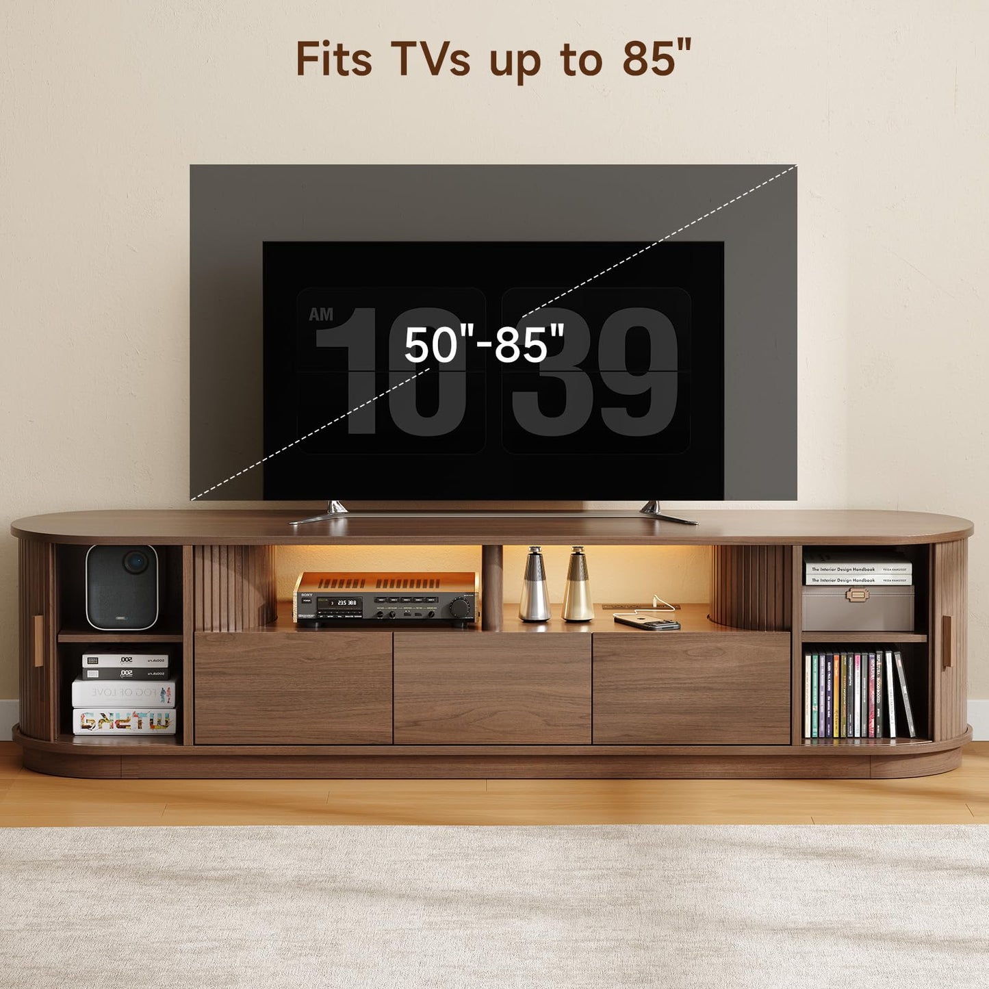 ONBRILL 71" TV Stand with Power Outlet and Led Lights for TVs up to 85", Entertainment Center with 3 Drawers and 1 Open Shelf, Mid-Century Modern TV Console with Sliding Door for Living Room, Walnut