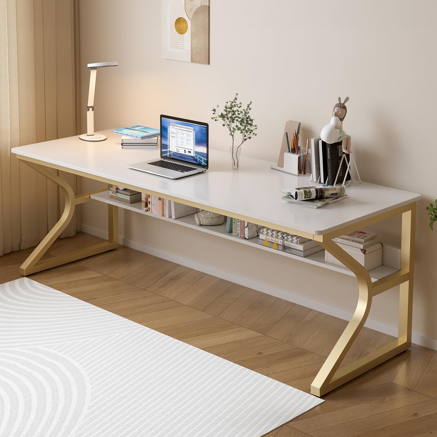 OSCHF Extra Long Desk with Bookshelf - 71" Double Long Writing Table for 2-Person Workstation, Modern Study Work Computer Desk for Home and Office, Gold