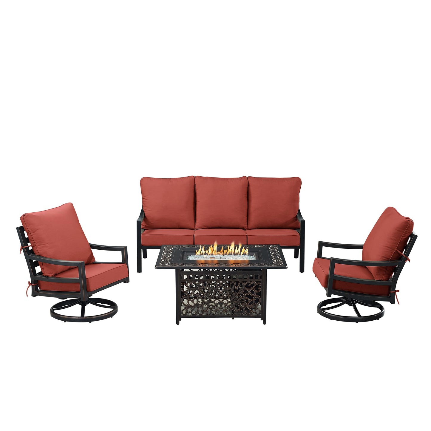 Oakland Living Black Aluminum Patio Fire Table Set with Deep Seating Sofa with Cushions and Two Club Chairs with Red Cushions
