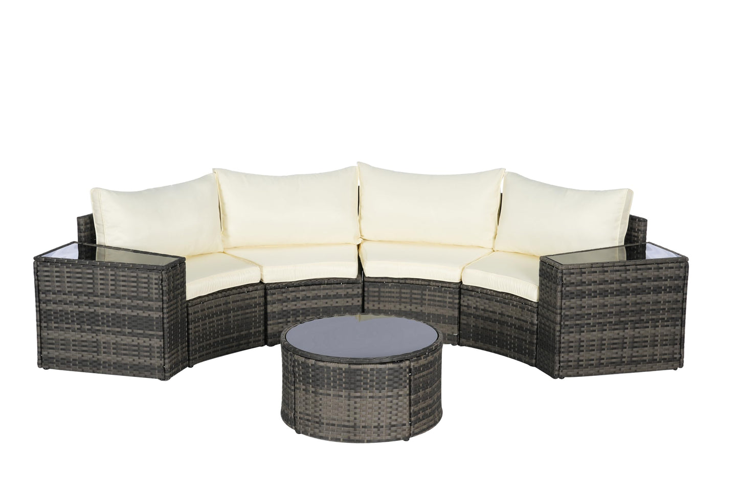 KEIKI 7-Piece Half-Moon Outdoor Patio Furniture Set, Rattan Patio Conversation Set with Coffee Table & 2 Sofa Side Table & 4 Curved Armless Sofa, Wicker Curved Sectional Sofa Set, for Backyard, Beige