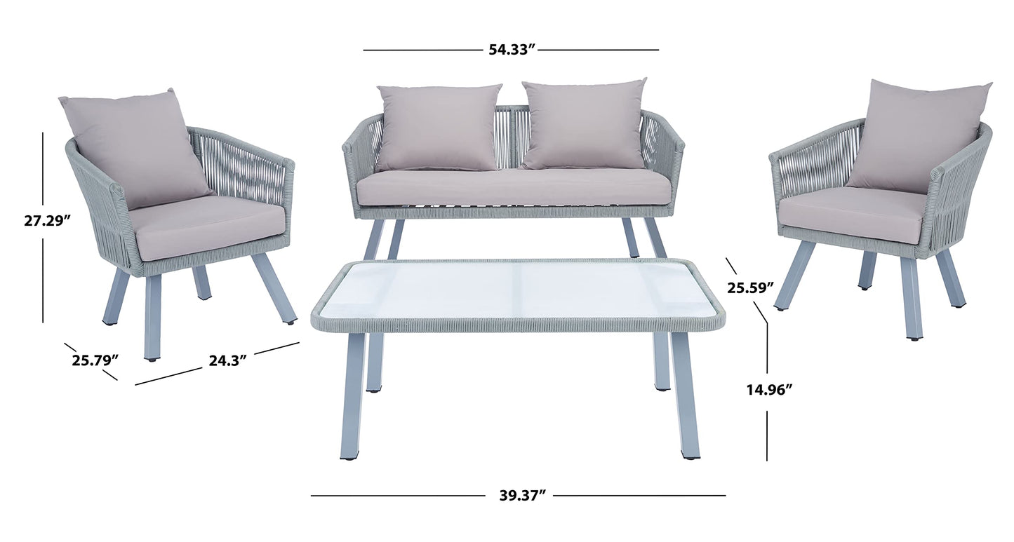 Safavieh Outdoor Collection Belmi Wicker Cushion 4-Piece Rope Patio Backyard Living Set PAT7517C, Grey/Grey