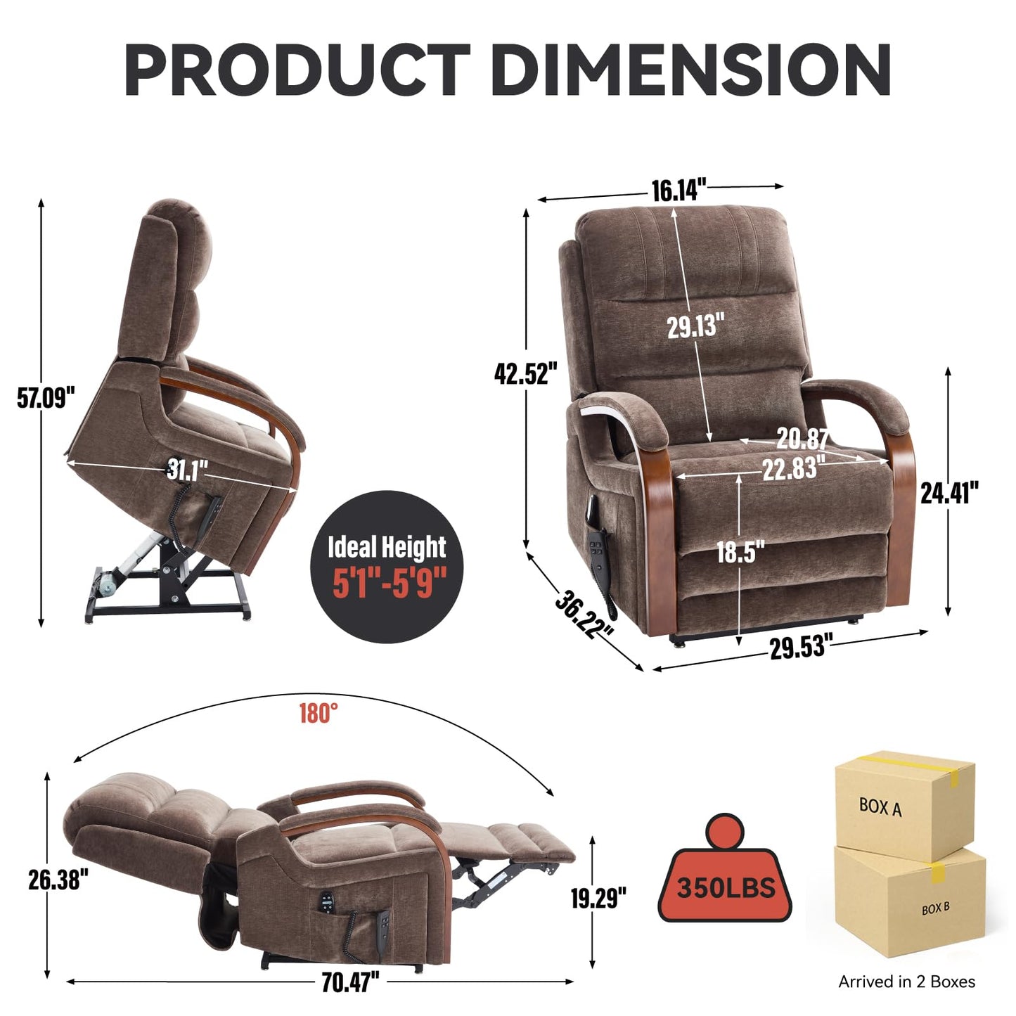 KEIKI Chenille Electric Power Lift Recliner Chair with Heat Massage, Solid Wood Armrests & Timer Function, Elderly Lazy Boy Sofa Seating for Home Theater, Infinite Position, Dual Motor, Up to 350 LBS