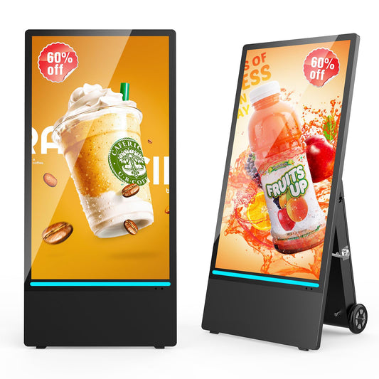 YIXZSWD 43 Inch Outdoor Digital Signage A-Frame Displays, Rechargeable Digital LCD Kiosks, Moveable Commercial Totem, IP65 Waterproof, Auto Adjustment 2000nits High Brightness Screen, High Capacity Battery for Restaurant/Bar/Food Truck/Store