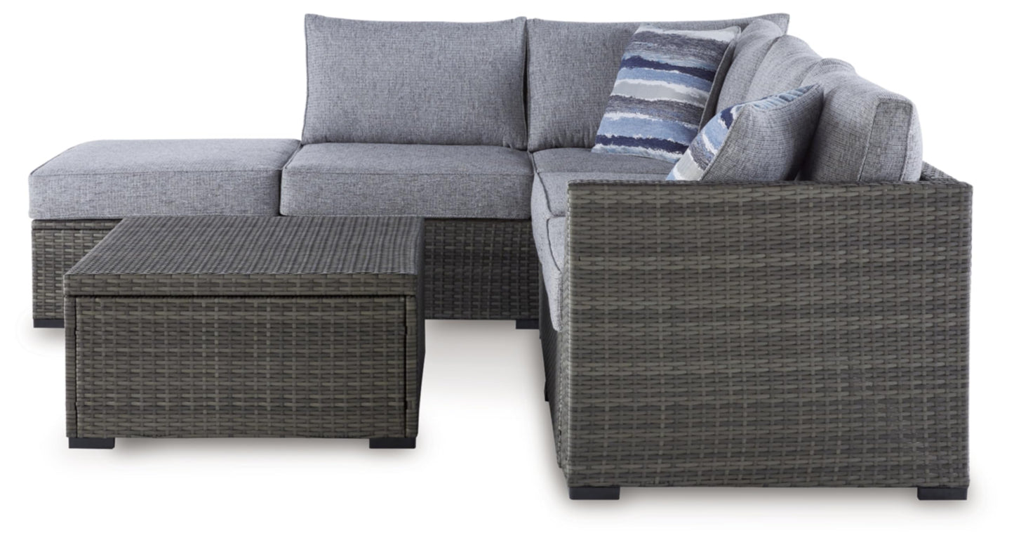 Signature Design by Ashley Petal Road Casual Nuvella Weather Resistant Fabric, Cushioned Outdoor Loveseat Sectional/Ottoman/Table Set with 2 Throw Pillows, Set of 4, Gray