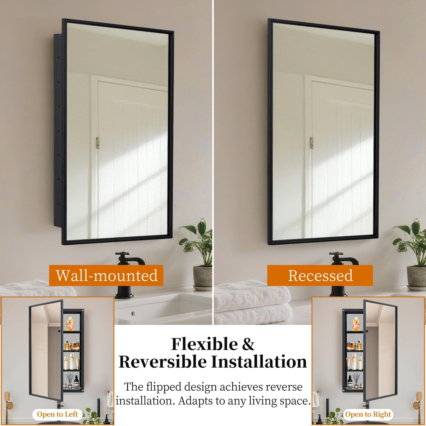 YOOSHINE Black Bathroom Medicine Cabinet with Mirror Squared Rectangle Metal Frame Recessed Or Wall Mounted Single Door Storage Medicine Cabinets with 3 Adjustable Shelves (Black, 20 * 30'')