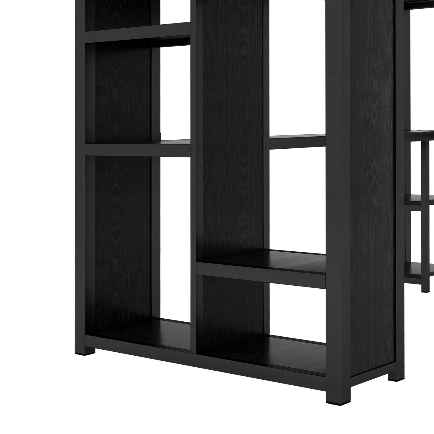 Twin XL Loft Bed with Desk and Storage Shelves, Twin XL Loft Bed with Wardrobe and Hanging Rod, Game Loft Bed with Guardrail and Ladder(Twin XL Balck)