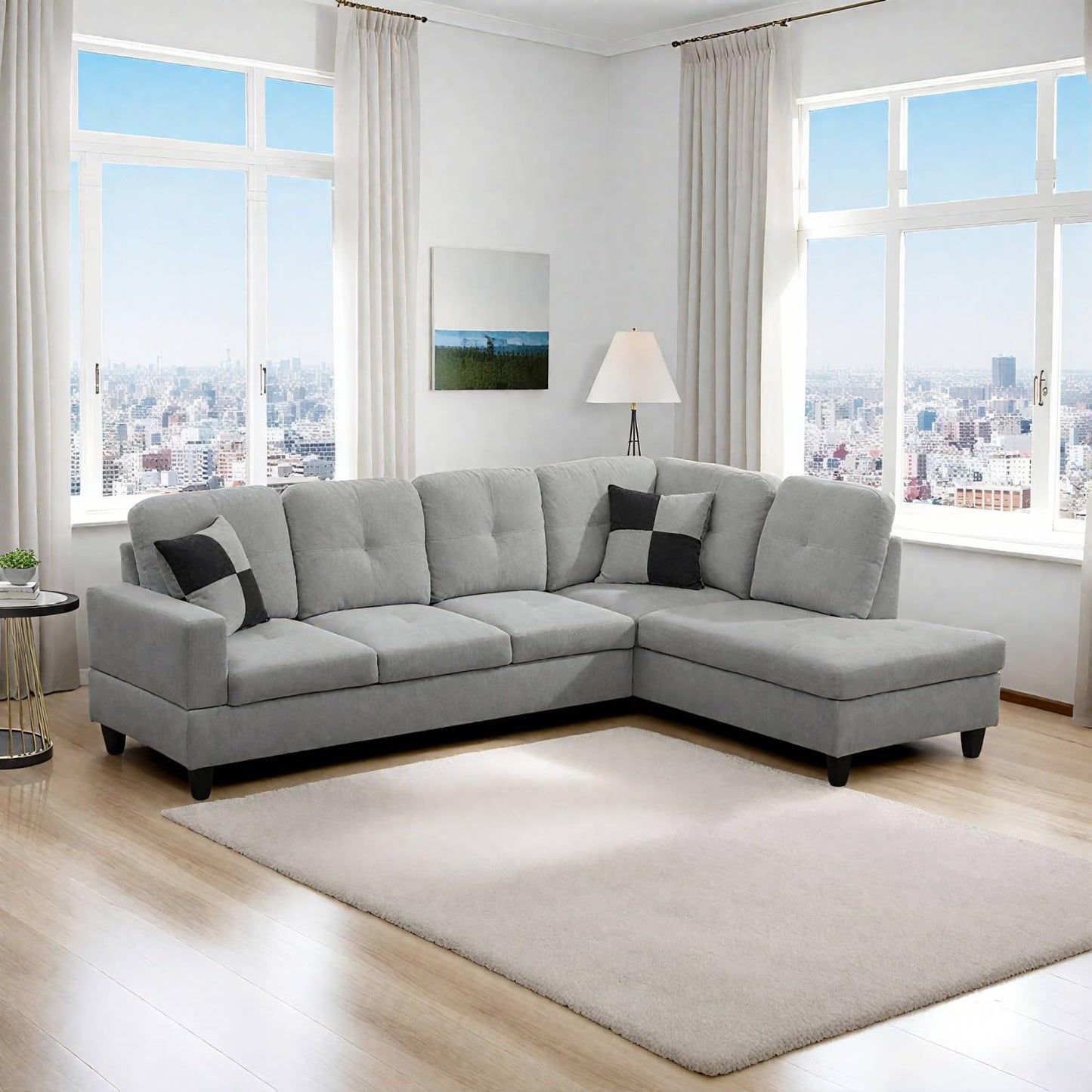 UOCFYK Sectional Sofa Couch with Right Chaise, Flannel L Shaped Couches for Living Room, Office, Apartments, Small Space, Light Grey