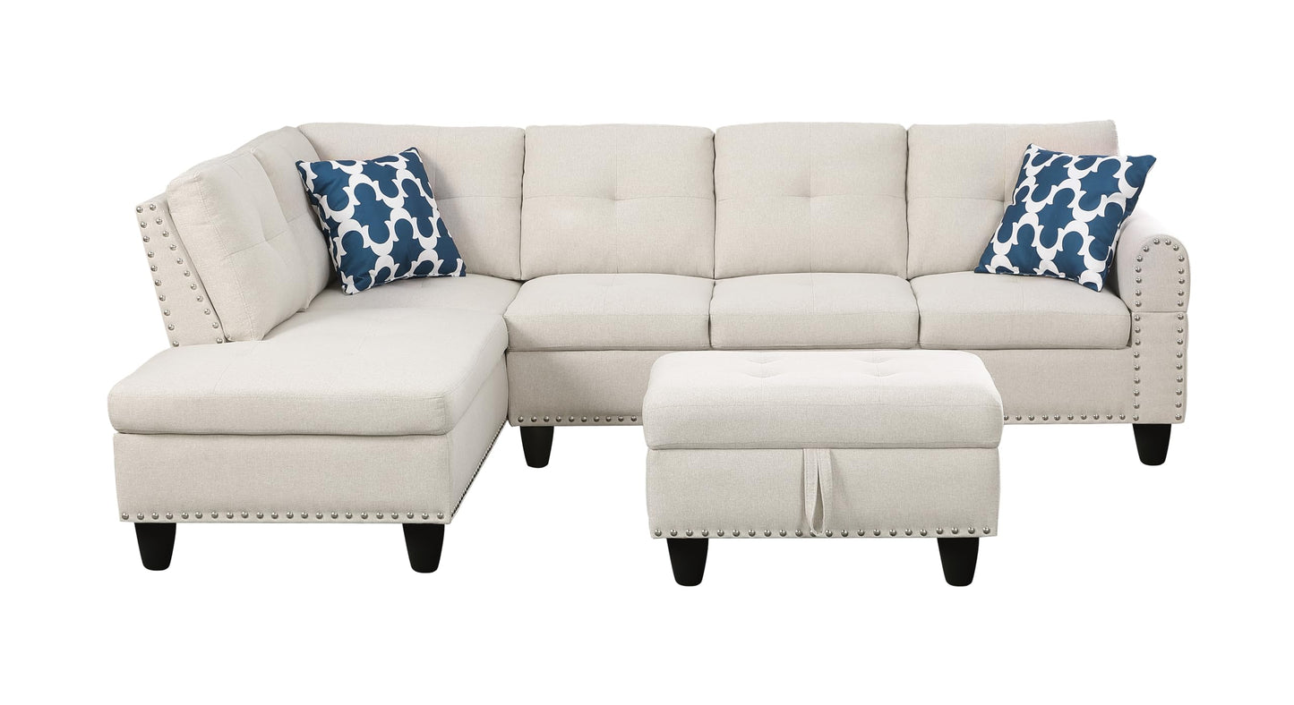 Ball & Cast 98" L Shaped Sectional Couch for Living Room with Storage Ottoman & Nailhead Trim,4 Seat Linen Upholstered Modular Sectional Sofa Set 3 PCS W/Chaise & Cup Holders,for Home,Office,Beige