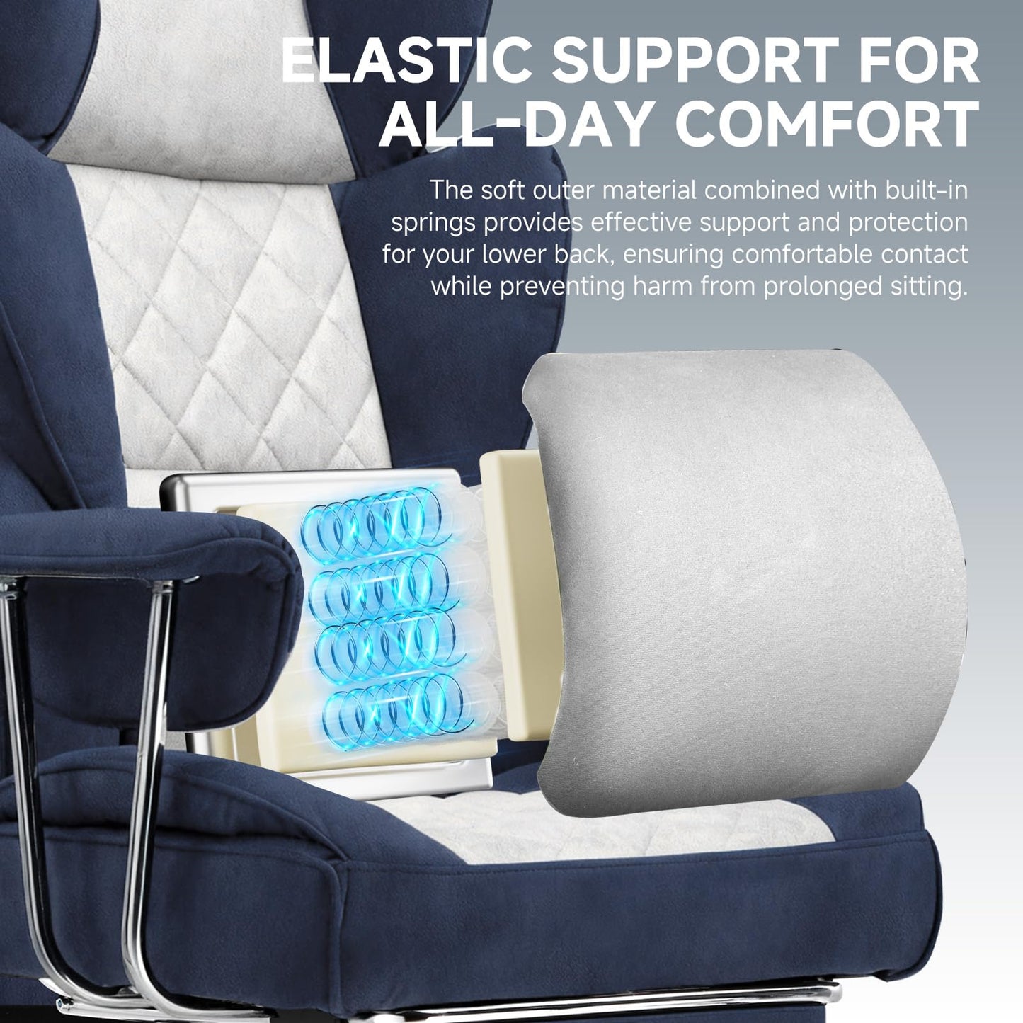 GTPLAYER Gaming Chair,Office Chair with Pocket Spring Lumbar Support, Ergonomic Comfortable Wide Office Desk Computer Chair with Outward Fixed Soft Armrests and Footrest (Fabric, Dark Blue & White)