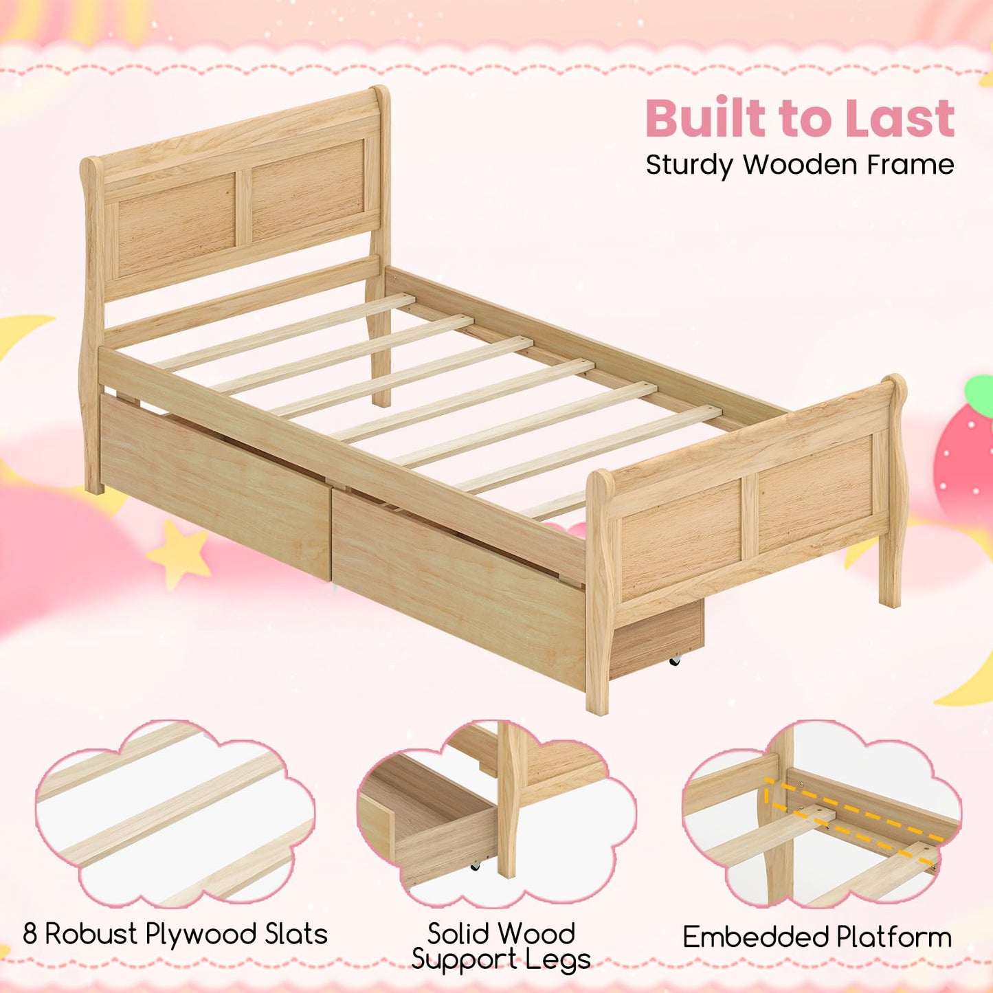 KOMFOTT Twin Size Bed Frame with 2 Storage Drawers, Wood Platform Bed with Headboard & Footboard, Twin Storage Bed with Wooden Slats Support for Kids, Teens, Adults, No Box Spring Needed, Natural