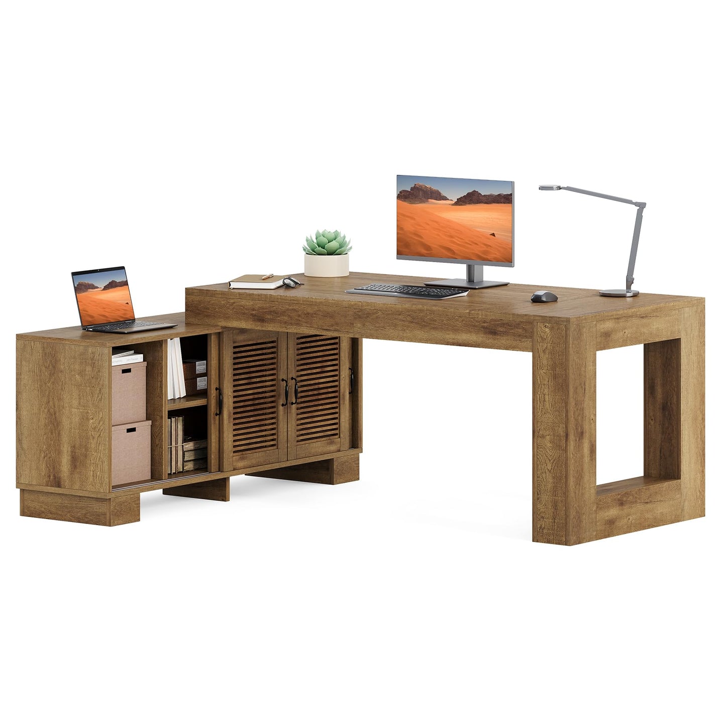 LITTLE TREE 63" L Shaped Executive Desk with Storage, Farmhouse Home Office Desk with 2-Tier Cabinets and Shelves, Large Wooden Computer Table Business Furniture Workstation Set, Brown