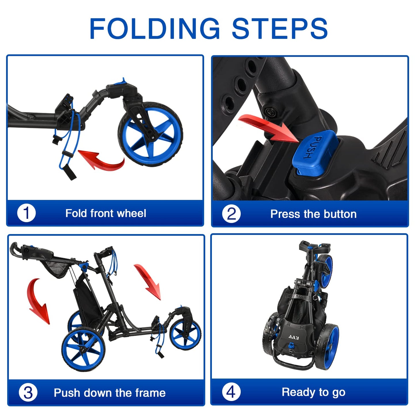 KVV 3 Wheel 360 Rotating Front Wheel Golf Push Cart Open and Close in ONE Second-Free Umbrella Holder Included(Black/Blue)