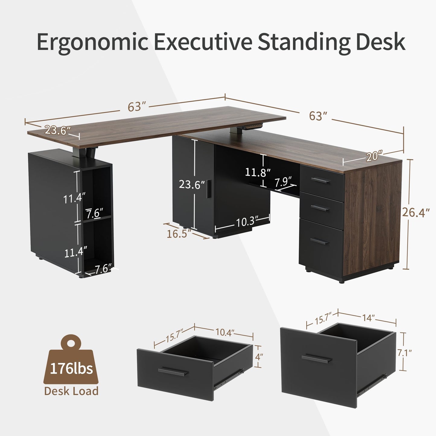 BANTI Executive L Shaped Standing Desk with 3-Drawer File Cabinet, 63" Electric Height Adjustable Stand up Desk for Home Office, Computer Desk with Storage Cabinets, Black Walnut Top