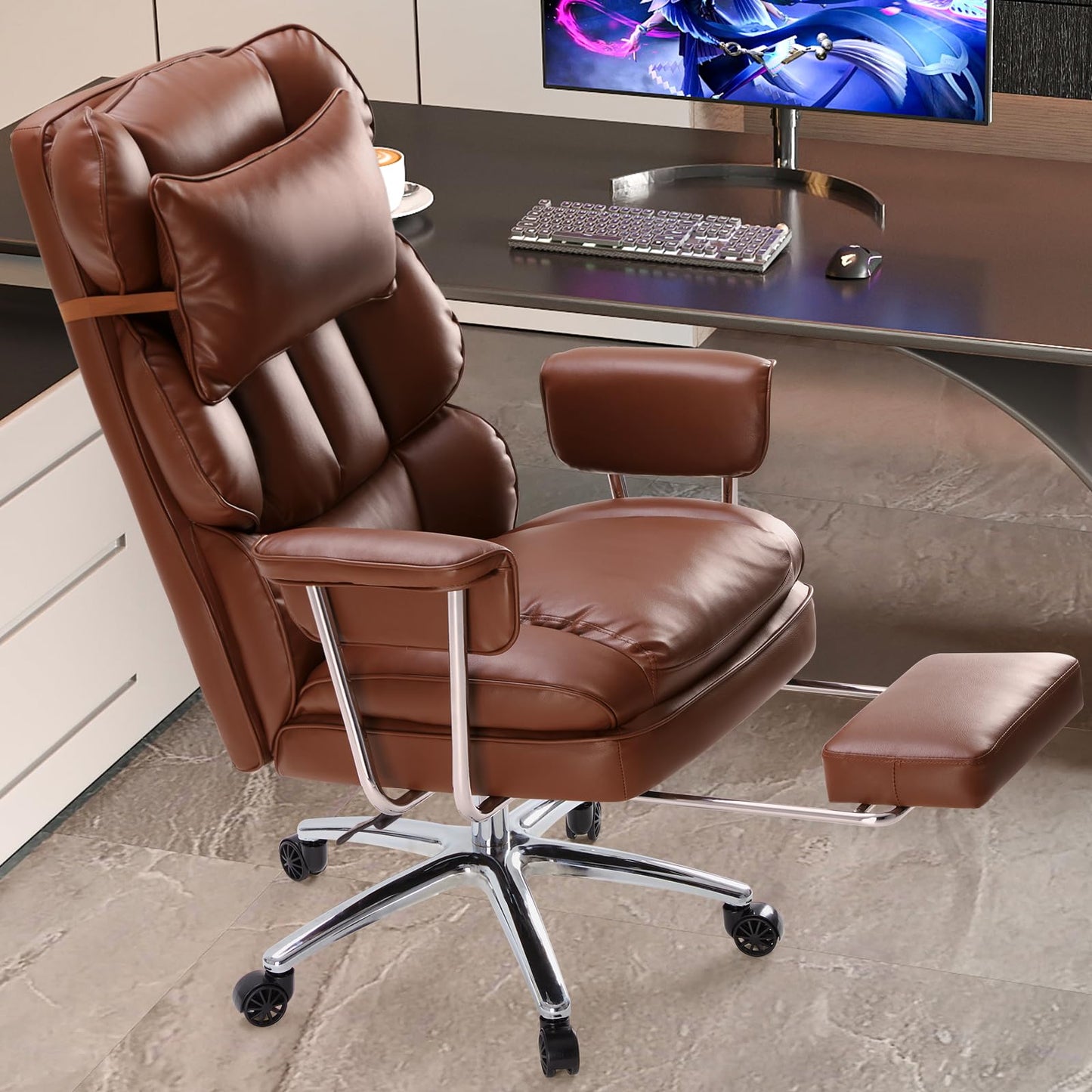 DUMOS Home Office Desk Executive Chair - Ergonomic Big Tall High Back with Footrest & Lumbar Support, Reclining Height Adjustable, Comfy PU Leather Computer Gaming with Swivel Wheels, Brown