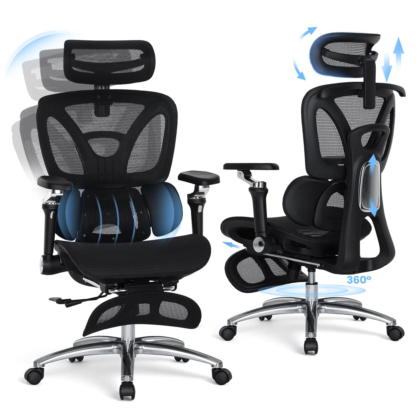 MALOL Ergonomic Office Chair, 400lbs High Back Mesh Desk Chair with 6D Armrests, 3D Headrest, Adjustable Lumbar Support, Seat Depth Adjustment, Tilt Lock, Metal Base & PU Wheels, Black