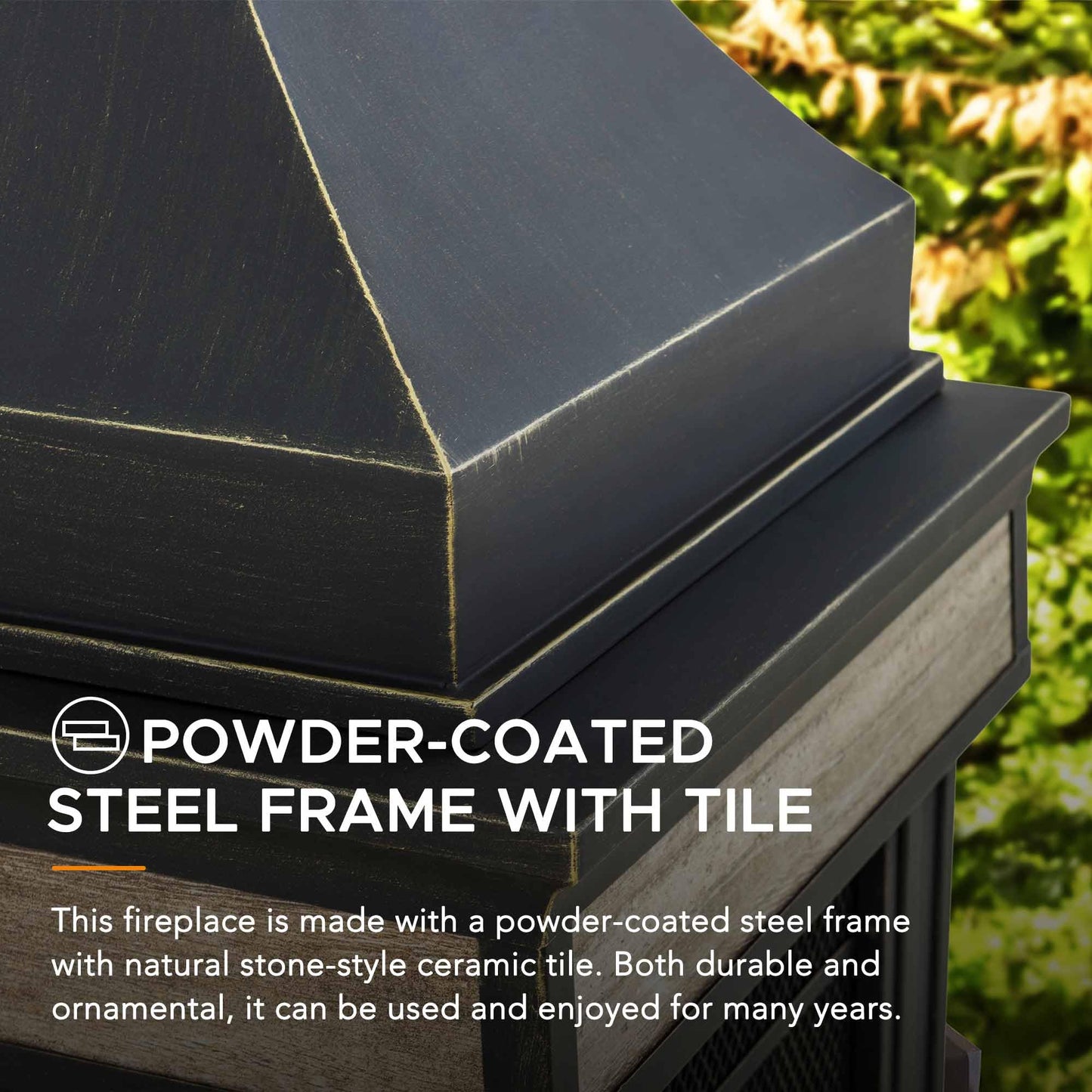 Sunjoy Outdoor Fireplace, Stone Look Tile Patio Wood Burning Steel Fireplace with Chimney, Spark Screen, Fire Poker, Rain Cover, and Removable Grate, Black with Golden Highlight