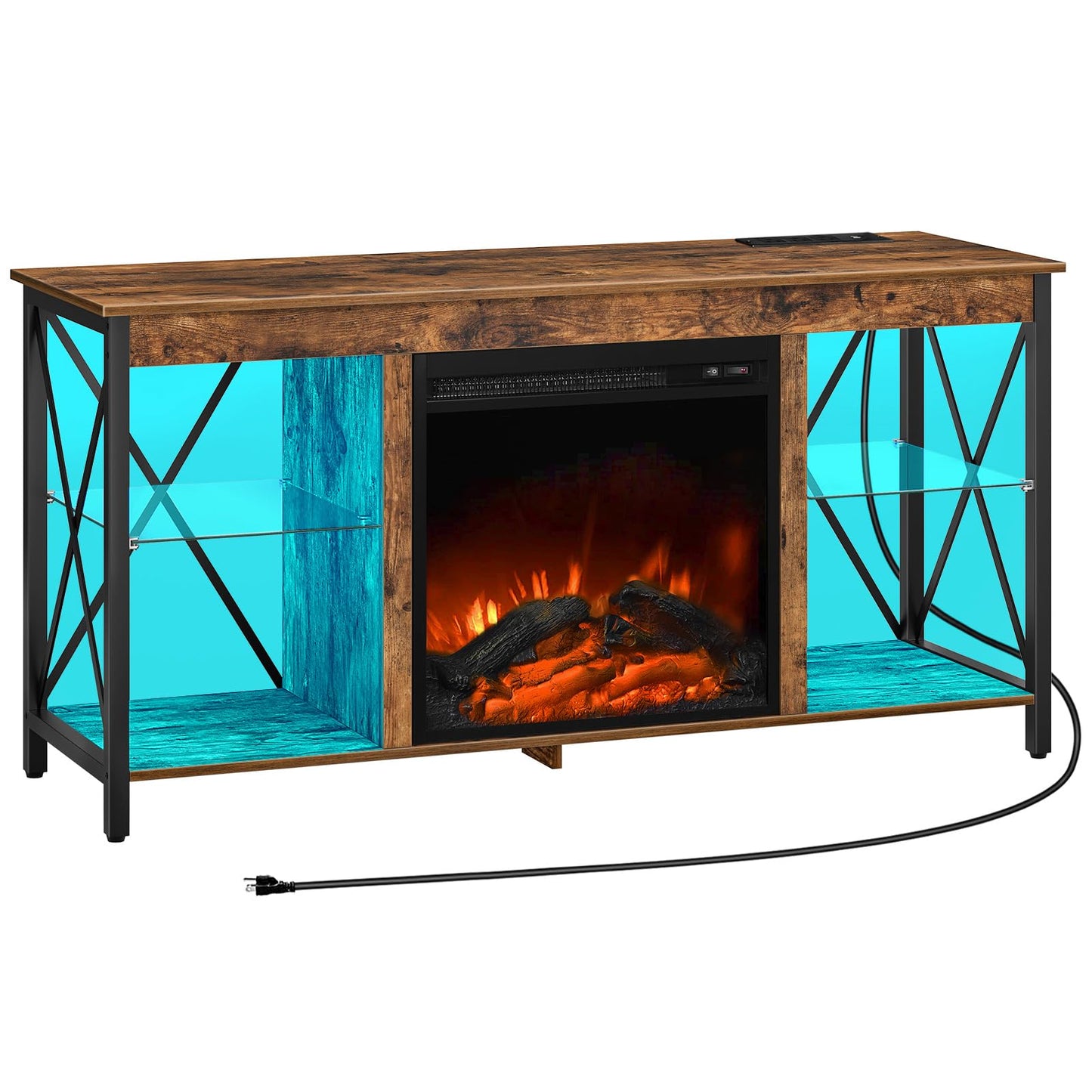 HOOBRO Fireplace TV Stand with Charging Station and LED Lights, TV Stand with Fireplace for TVs up to 55", Entertainment Center with Fireplace, Glass Shelves, Rustic Brown and Black BF120UDDS01