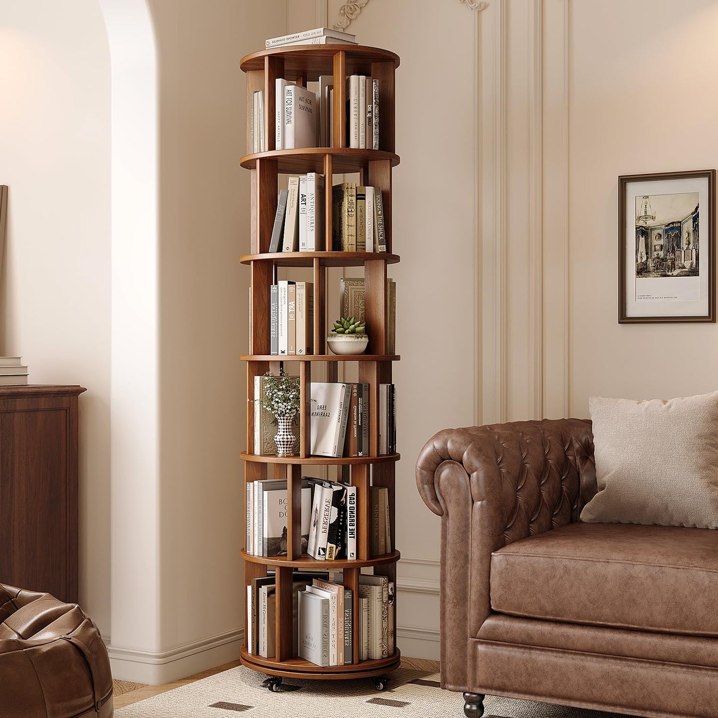 IUNVR Rotating Bookshelf, 6 Tier Solid Wood Bookshelf Tower with Lockable Wheels, 360° Spinning Revolving Bookcase for Small Spaces, Corners, Bedroom, Kids Room, Home Office, Walnut