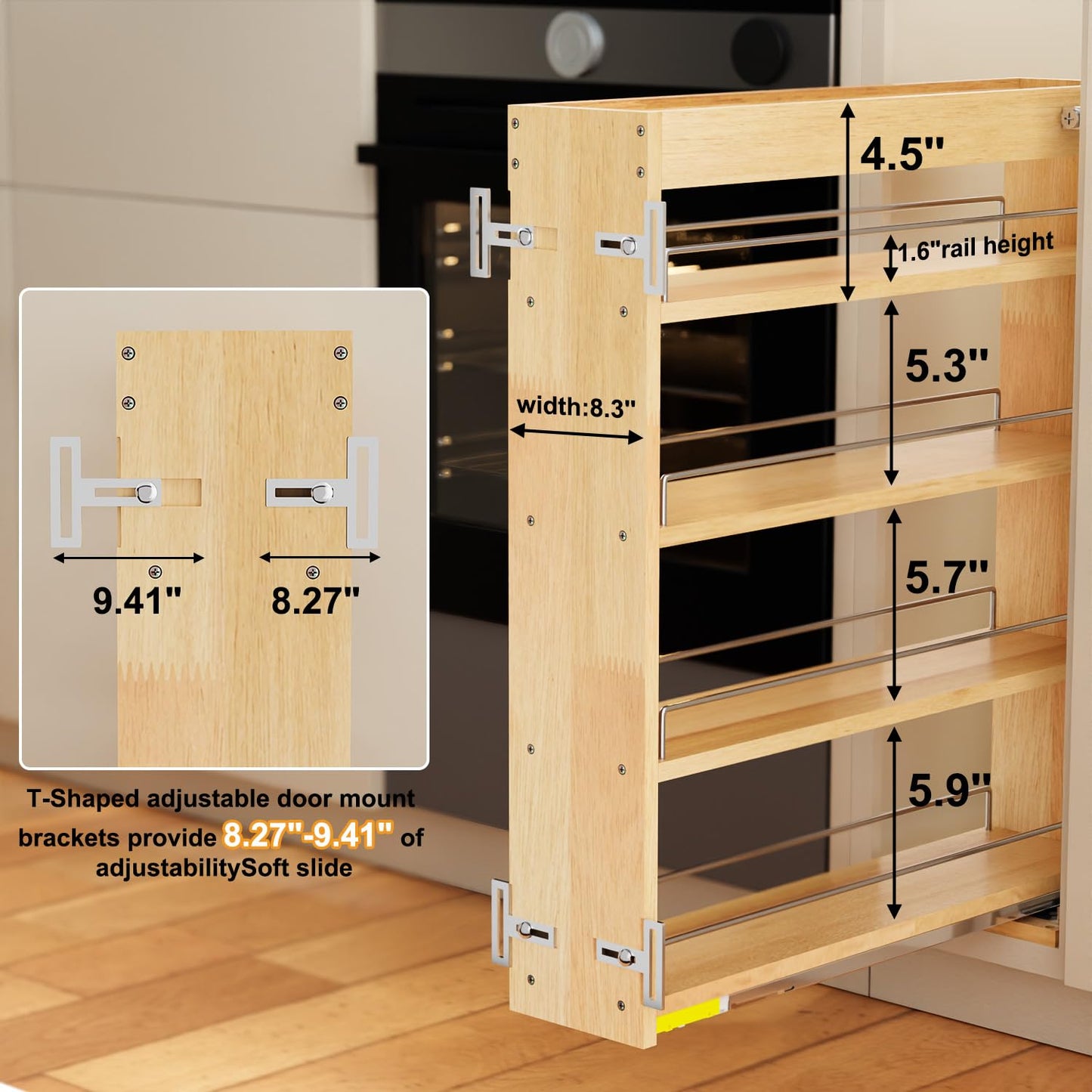 Gsskny Pull Out Spice Rack Organizer for Cabinet, 8" W x 22.3" D x 25.2" H Multi-Use Solid Wood Slide Out Shelf for Kitchen Cabinet, Sliding Spice Rack for Cans & Jars, Pantry Organization