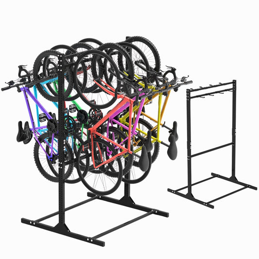 LAJIAOZ Vertical Bike Rack, 8 Bike Freestanding Storage System, Heavy Duty Floor Stand for Garage & Indoor Use, Adjustable Staggered Design for Mountain, Road, and Kids Bikes, 300 lb Capacity