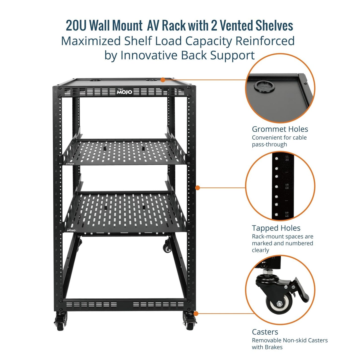 TECMOJO 20U Open Frame Network Rack for IT & AV Gear, 4-Post With Casters, Mobile With 2 PCS 1U Server Shelf & Mounting Hardware, for 19" Network, Audio and Video Device