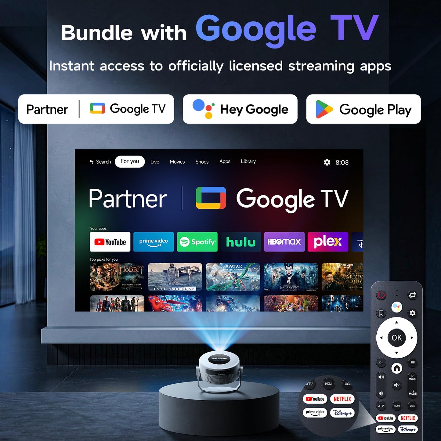 Philoent【Google TV Included】Smart Mini Projector, Ultra Short Throw for Big Screen in Small Room, Auto Keystone Portable Proyector with WiFi Bluetooth, Support 4K Movie – Home Theater Bedroom Outdoor